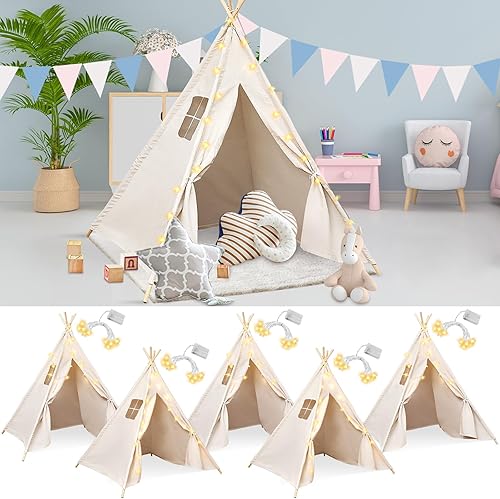 Woanger Juego de 6 tiendas de campaña tipo tipi para niños con cadena de luz de 10 pies, tienda de campaña plegable de lona de algodón, luces LED de