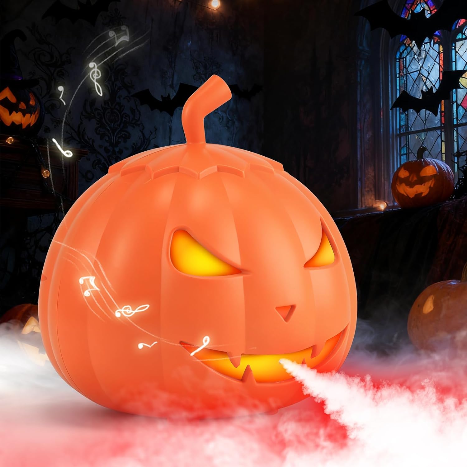 Spooky Halloween Fog Machine with 12 LED Colors, Bluetooth Speaker & Remote Control, Pumpkin Halloween Fogger Dense Smoke for Party Decor, Haunted House