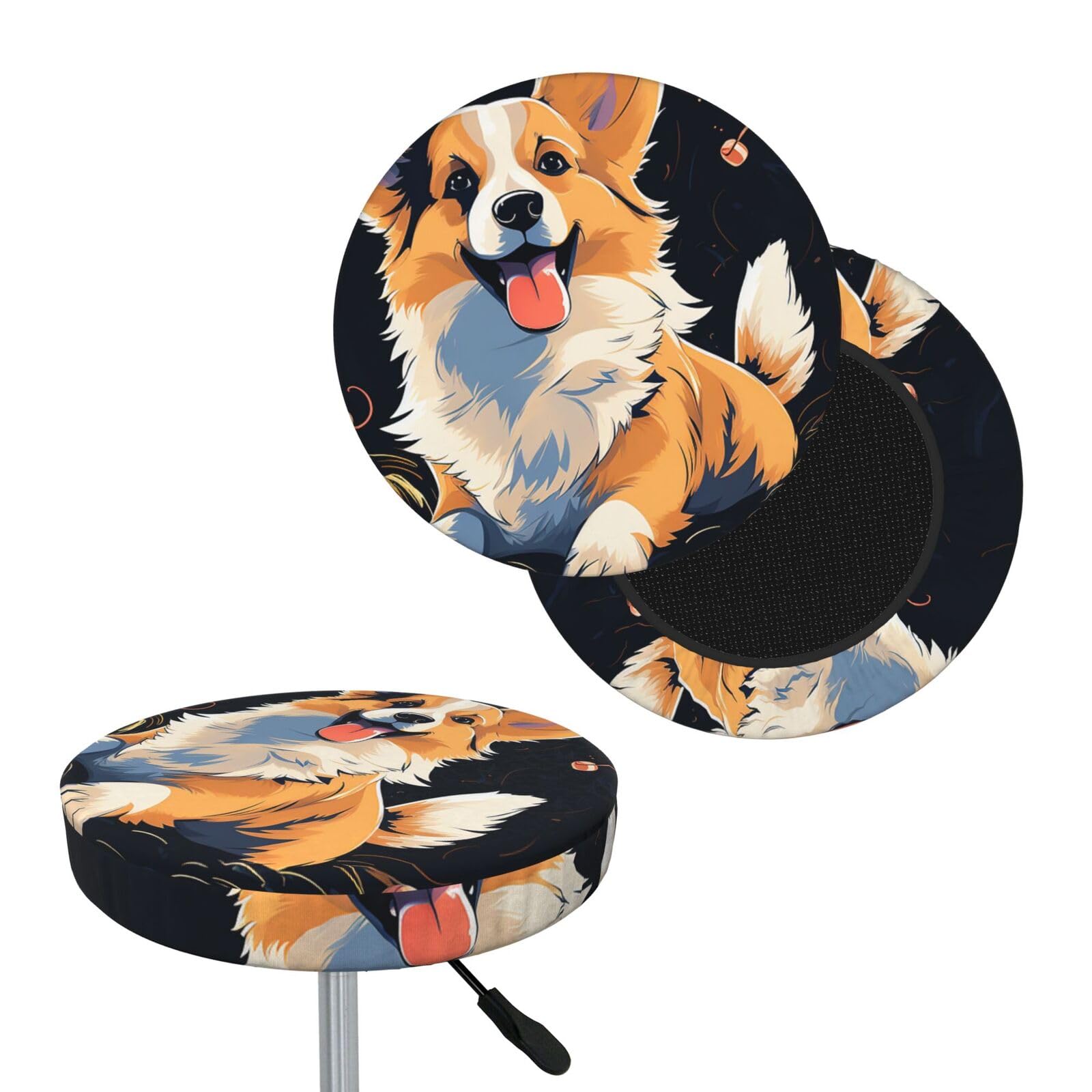 FekiLoot Corgi Dog On Dark Background Round Bar Stool Covers Stretch Washable Bar Stool Covers Dustproof Slipcover Bar Chair Covers with Elastic Band for Bar Kitchen Living Room Decor 12 Inch
