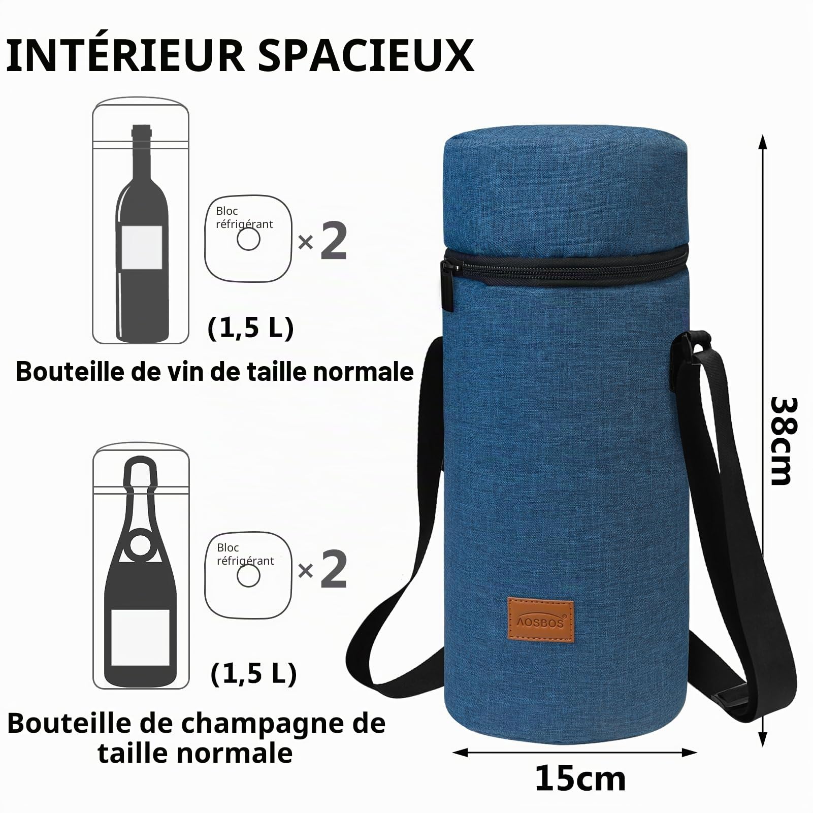 AOSBOS Grand Sac Isotherme pour 1,5L Bouteille de Vin Champagne Porte-Bouteille d’Eau 1,5 litres avec Bandoulière Réglable, Bleu