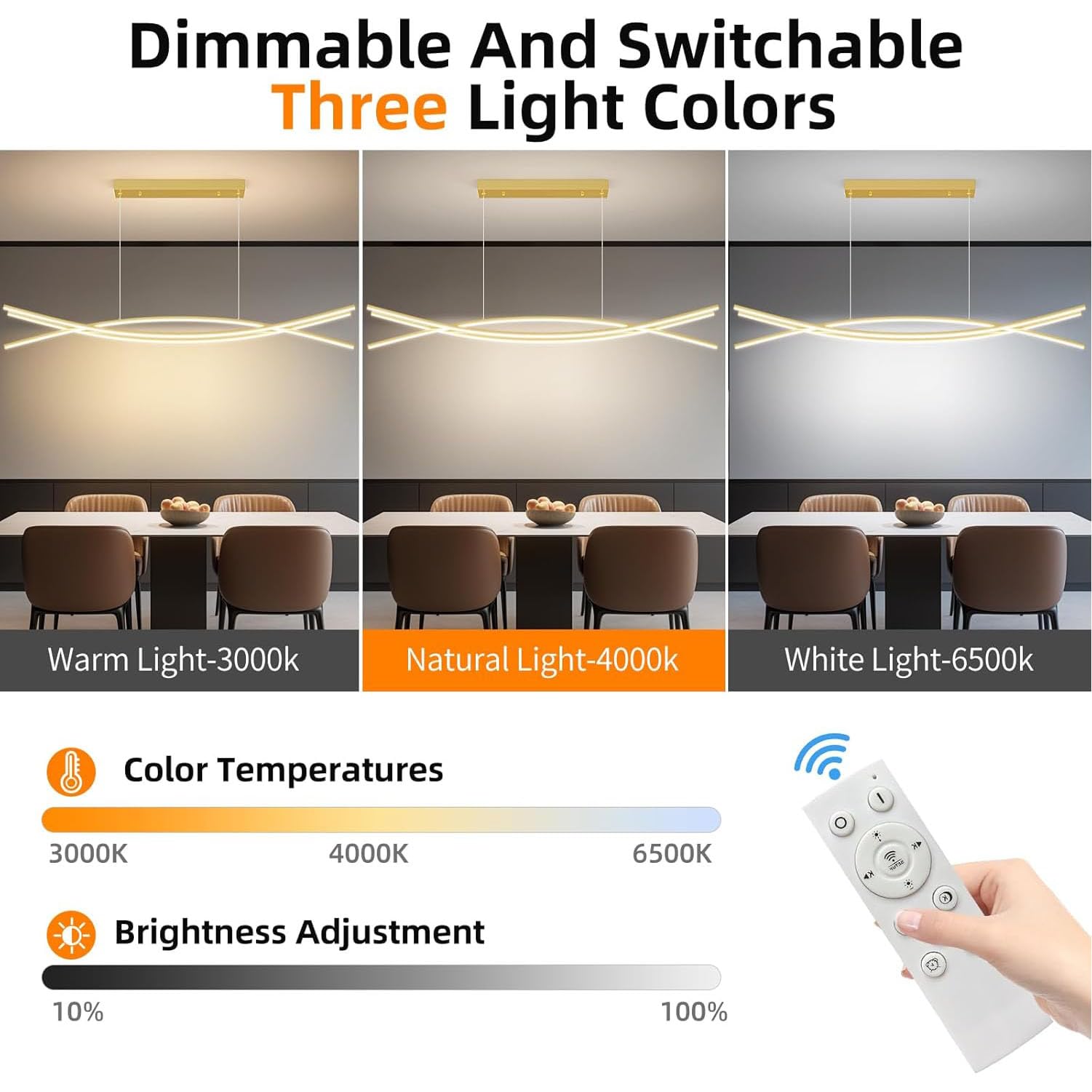 Lámpara Colgante LED Moderna - Altura Ajustable y Dimmable con Mando Incluido, Perfecta para Comedor, Cocina con Isla, Salón, Oficina y Hoteles Plafón LED Regulable (Oro, 100cm)