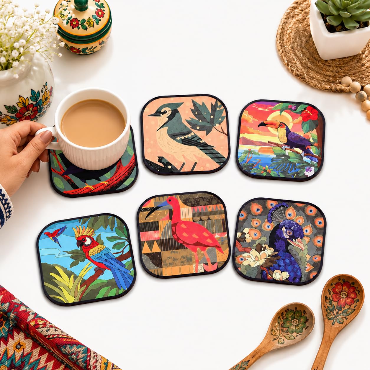 GKD Coaster Set of 6 Birds Design Wooden Coasters to Serve Tea Cups, Coffee Mugs and Glasses (3.8 x 3.8 inch) (Birds) (Ecofriendly)-image-48