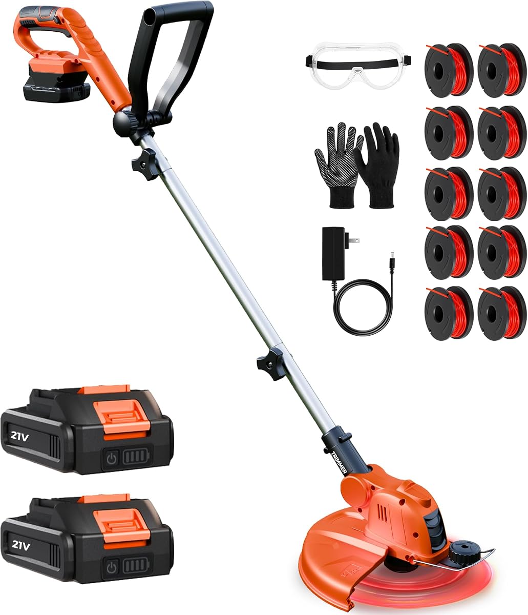 Cortadora de hilo inalámbrica Weed Wacker Eater, 2 baterías de 21V, ergonómica | Cortadora de césped con batería de 2000mAh, herramienta para cortar césped con cargador, ancho de corte de 12 pulgadas para el cuidado del jardín de patio pequeño