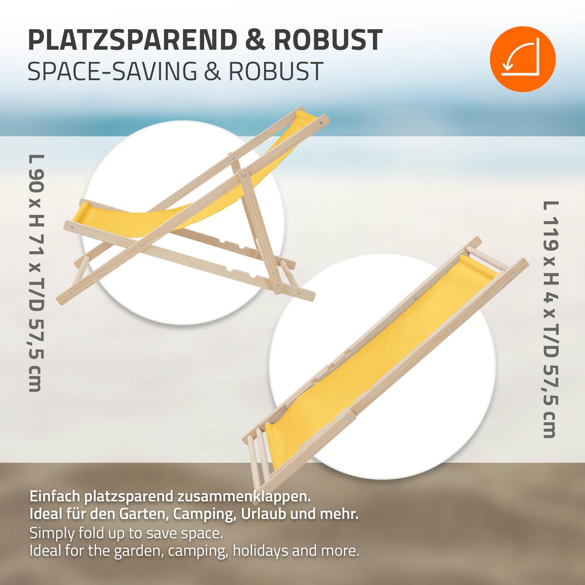 ECD Germany Lot de 2 Chaises Longues Pliantes en Bois Chiliennes, Jaune, Dossier Réglable, 3 Positions de Couchage, jusqu'à 120kg, Bain de Soleil en Tissu pour la Plage Jardin Terrasse Camping