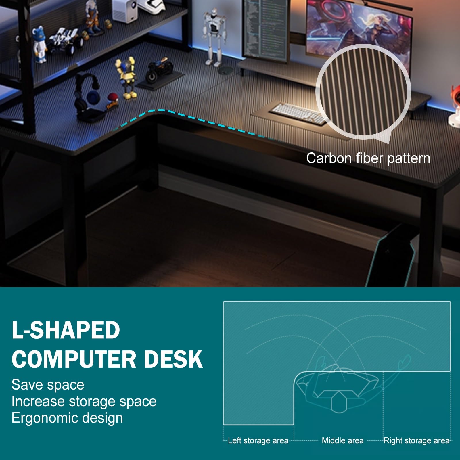 Schreibtisch L-Form Mit Regal - Gaming Tisch 120x60 Schwarz für Home-Office, Arbeiten, Studieren - Platzsparend