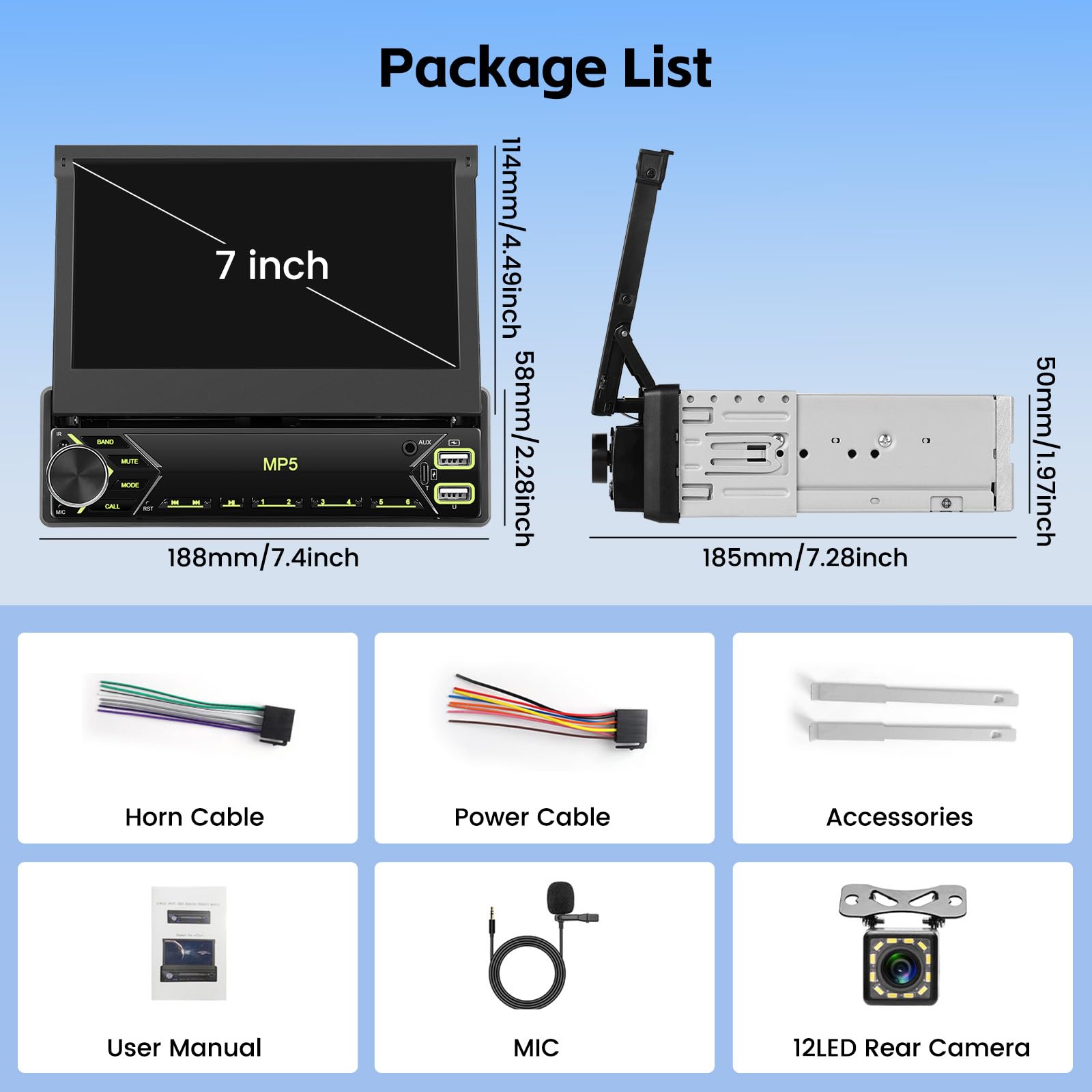 Hikity 7" 1 DIN Autoradio con Bluetooth FM Retrocamera | Touchscreen Mirror Link Comandi al Volante Vivavoce USB AUX