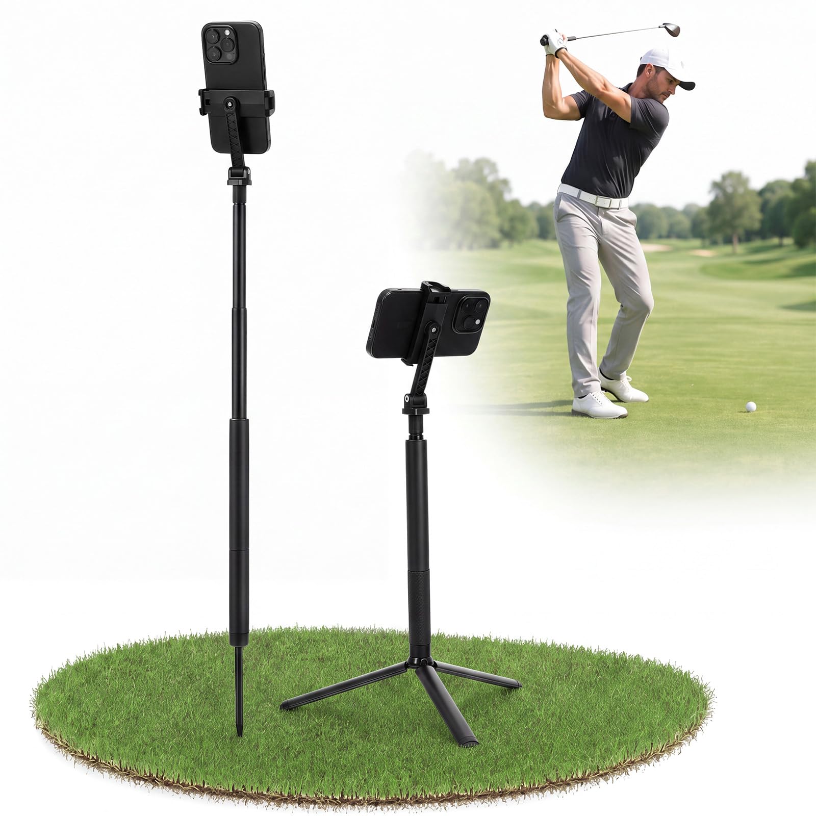 Ripeng Treppiede da golf da 53 '' e monopiede per fotocamera e supporto per | Base intercambiabile, altezza regolabile, pieghevole leggero, morsetto sicuro senza bisogno di parti aggiuntive