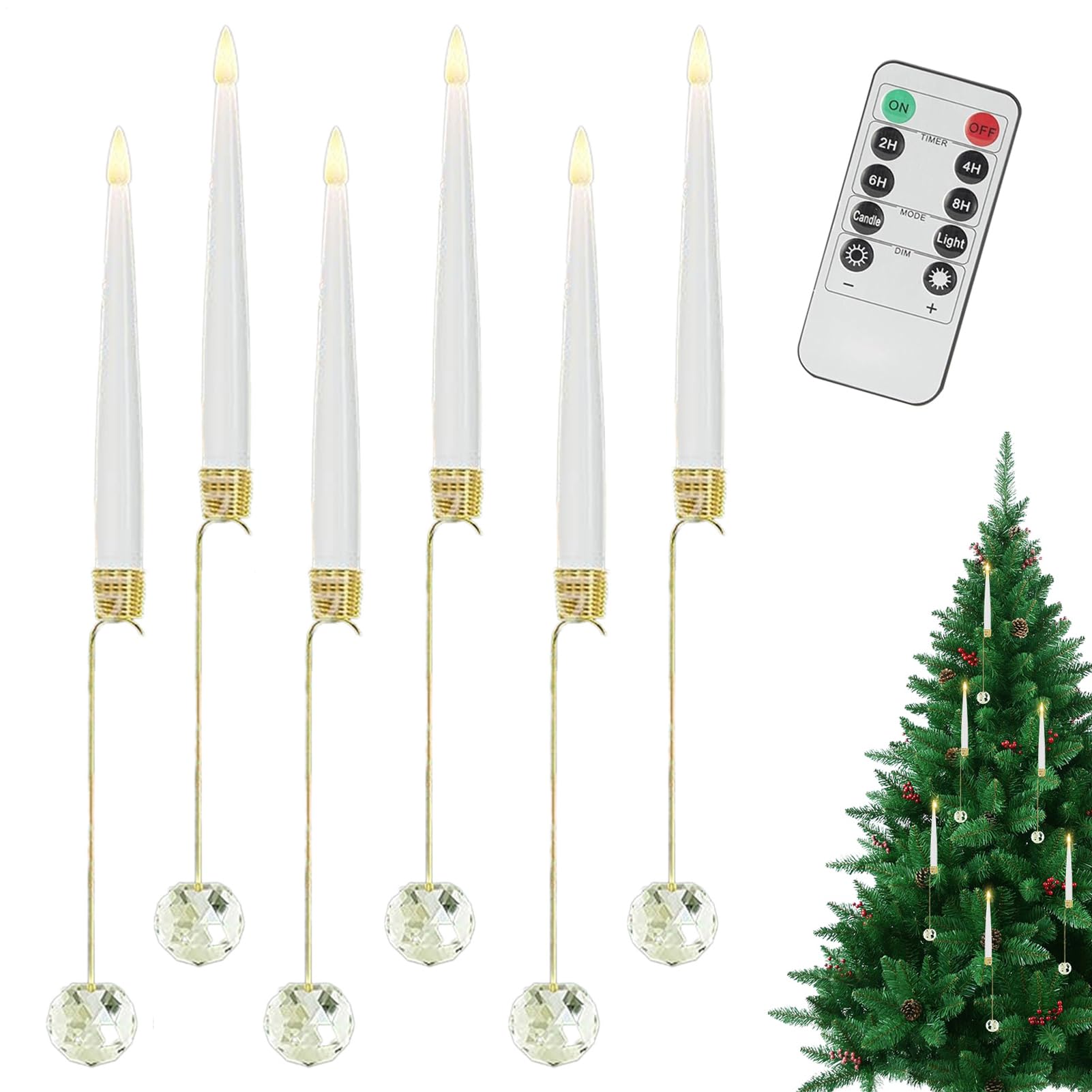 Bougies électriques effilées de Noël à télécommande : 6 bougies LED avec crochets sapin - 8