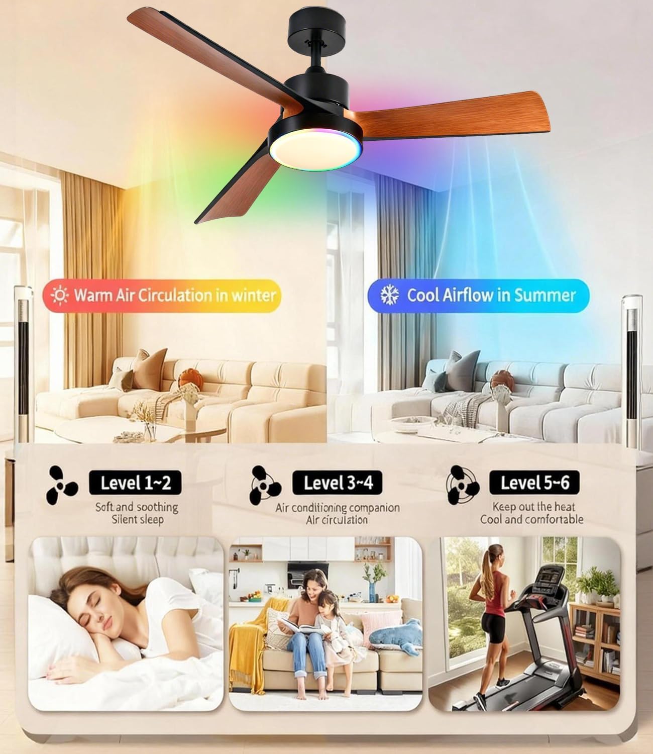Smart Deckenventilator mit Beleuchtung und Fernbedienung 132cm Leise Lampe mit Ventilator, Dimmbar RGB-Ambientlicht, App & Alexa Steuerung, Reversibel 6 Geschwindigkeit, Lüfterlicht für Schlafzimmer