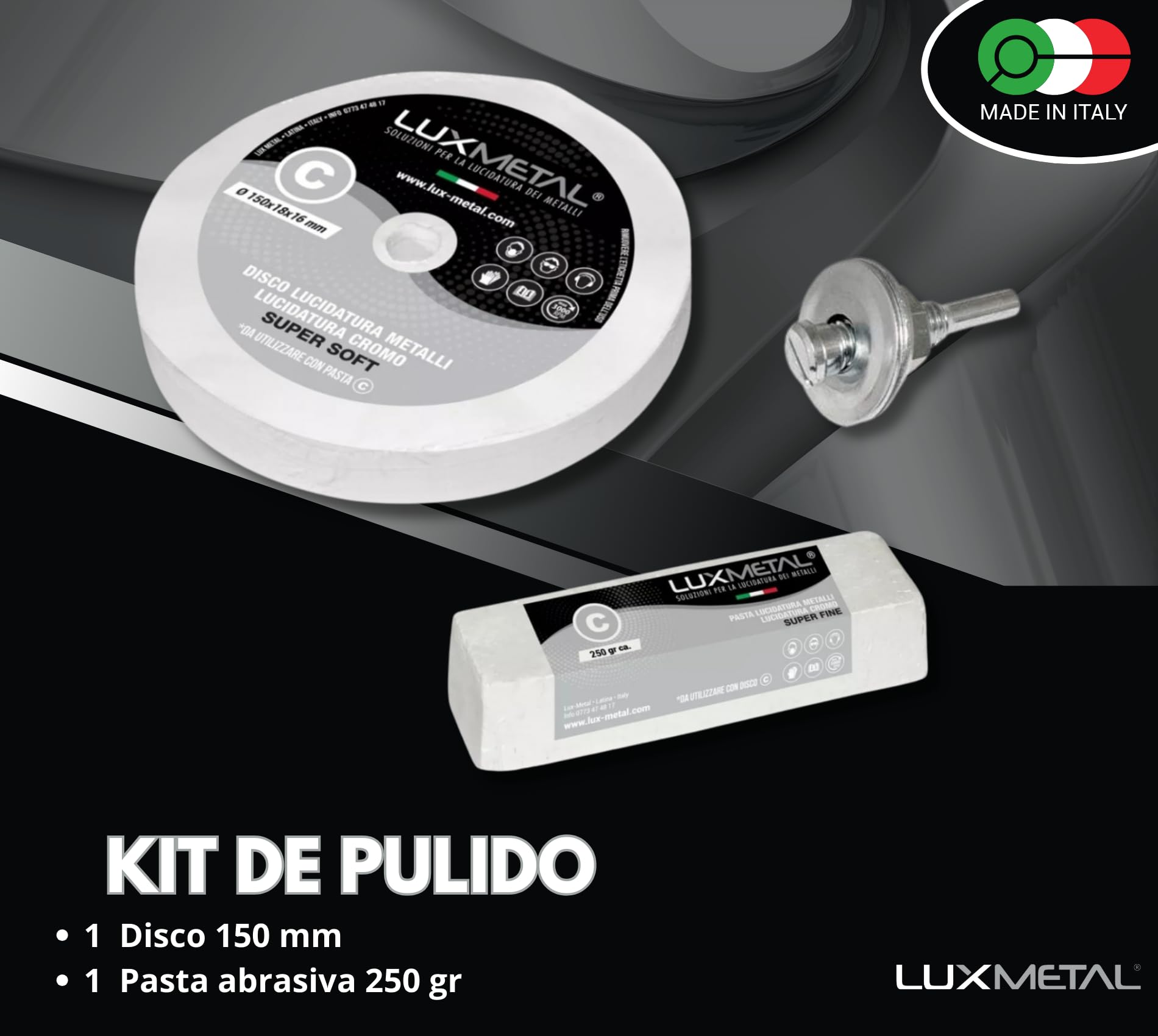 Lux Metal Kit 1 pasta abrasiva pulidora 250 gr y 1 disco pulido de algodón 150 mm (S-Fine) para pulir metales acero inoxidable aluminio hierro pulido cromo plexiglás mármol latón cobre plástico