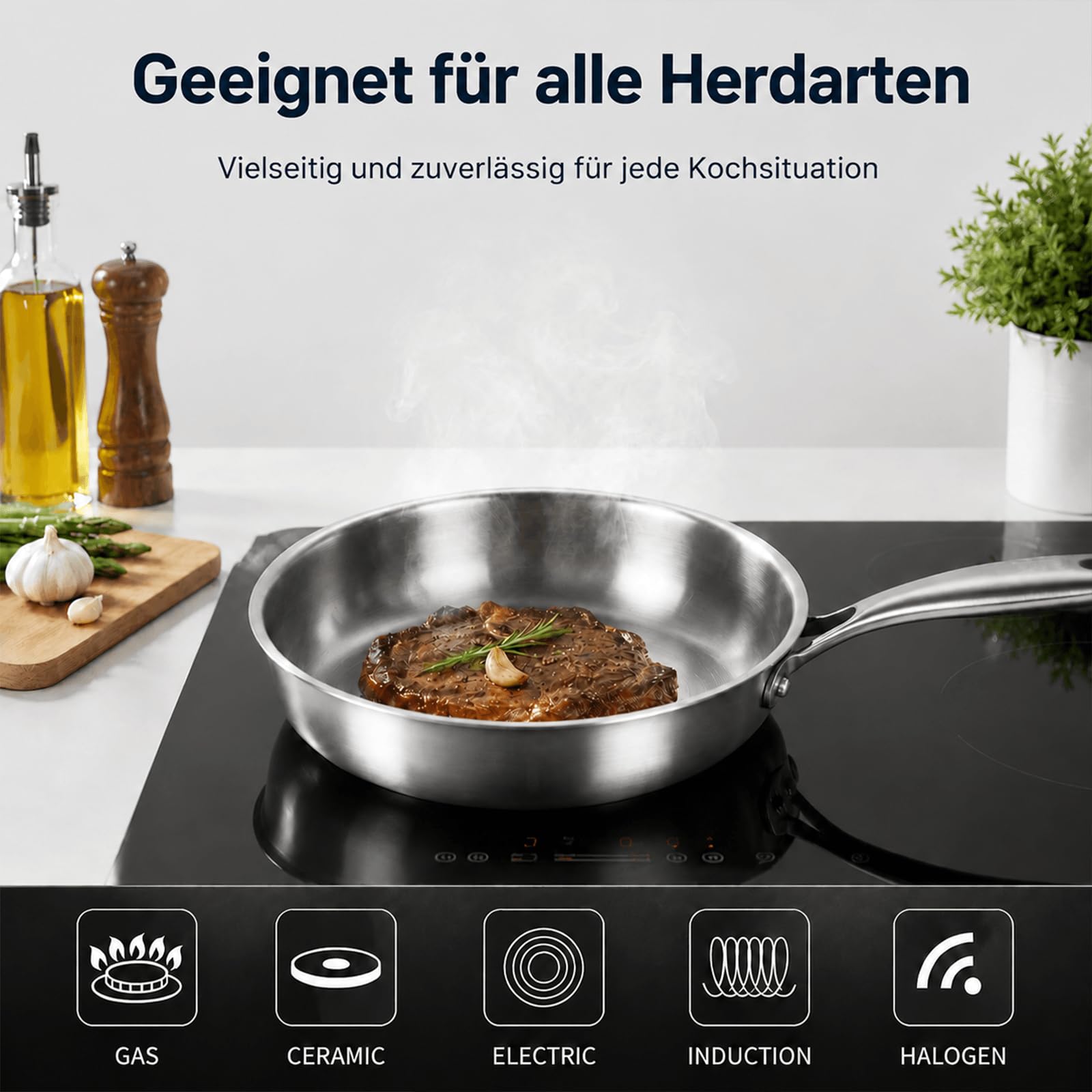 Edelstahlpfanne 30 cm mit Deckel, Durchgehend 3-lagig (3 mm) | Unbeschichtet Bratpfanne, Energieeffizient, für Induktion, Backofenfest bis 400°C, Geeignet für Steaks, Hähnchenbrust