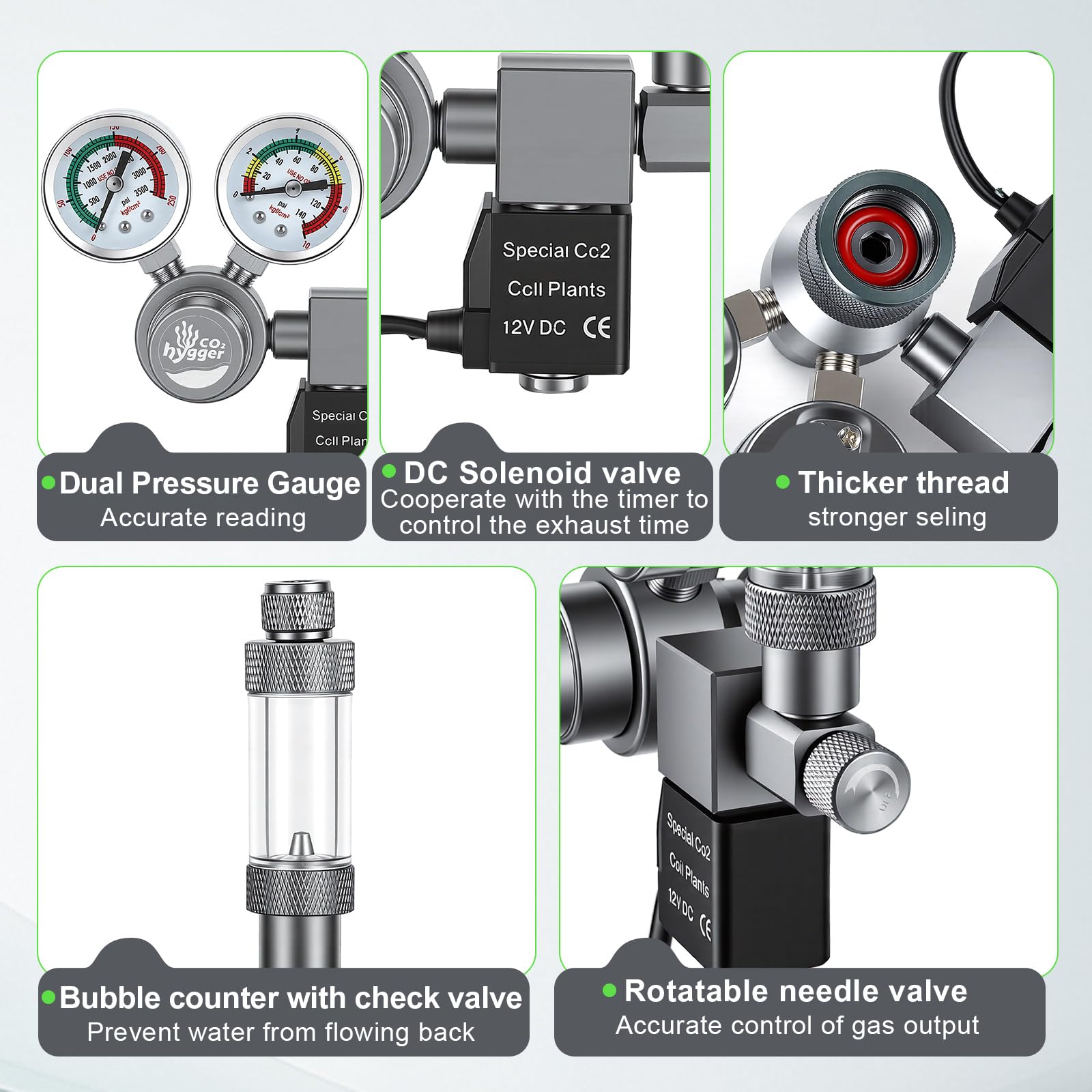 Regulador co2 Acuario DC Solenoide,co2 Regulator para Acuario Calibre Doble | Display preciso doble calibre, contador burbujas con válvula retención, Válvula aguja giratoria control preciso la salida gas