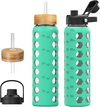 MUKOKO Glass Water Bottle, 32oz, Green