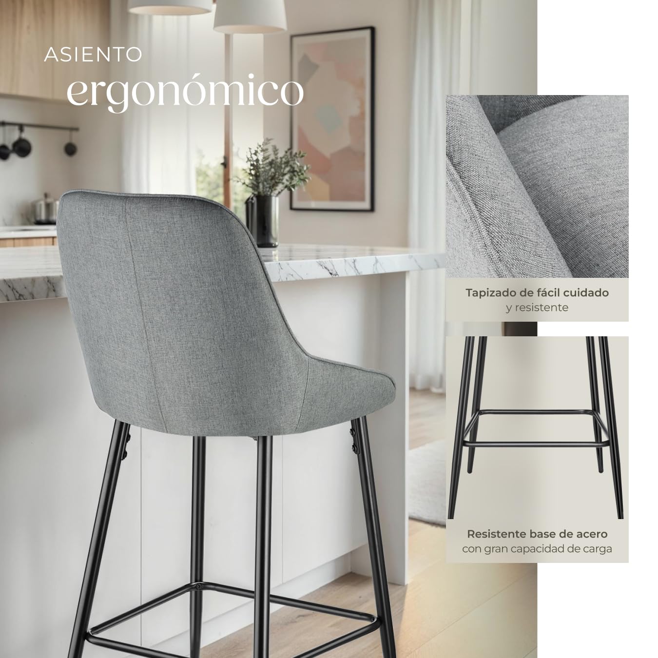 tectake® Taburete Alto con Respaldo, Taburete Cocina con Reposapiés, Silla de Bar Alta, Patas de Acero, Topes Antideslizantes y Regulables, Montaje Rápido, Banqueta - 2 sillas Tejido, Gris/Negro