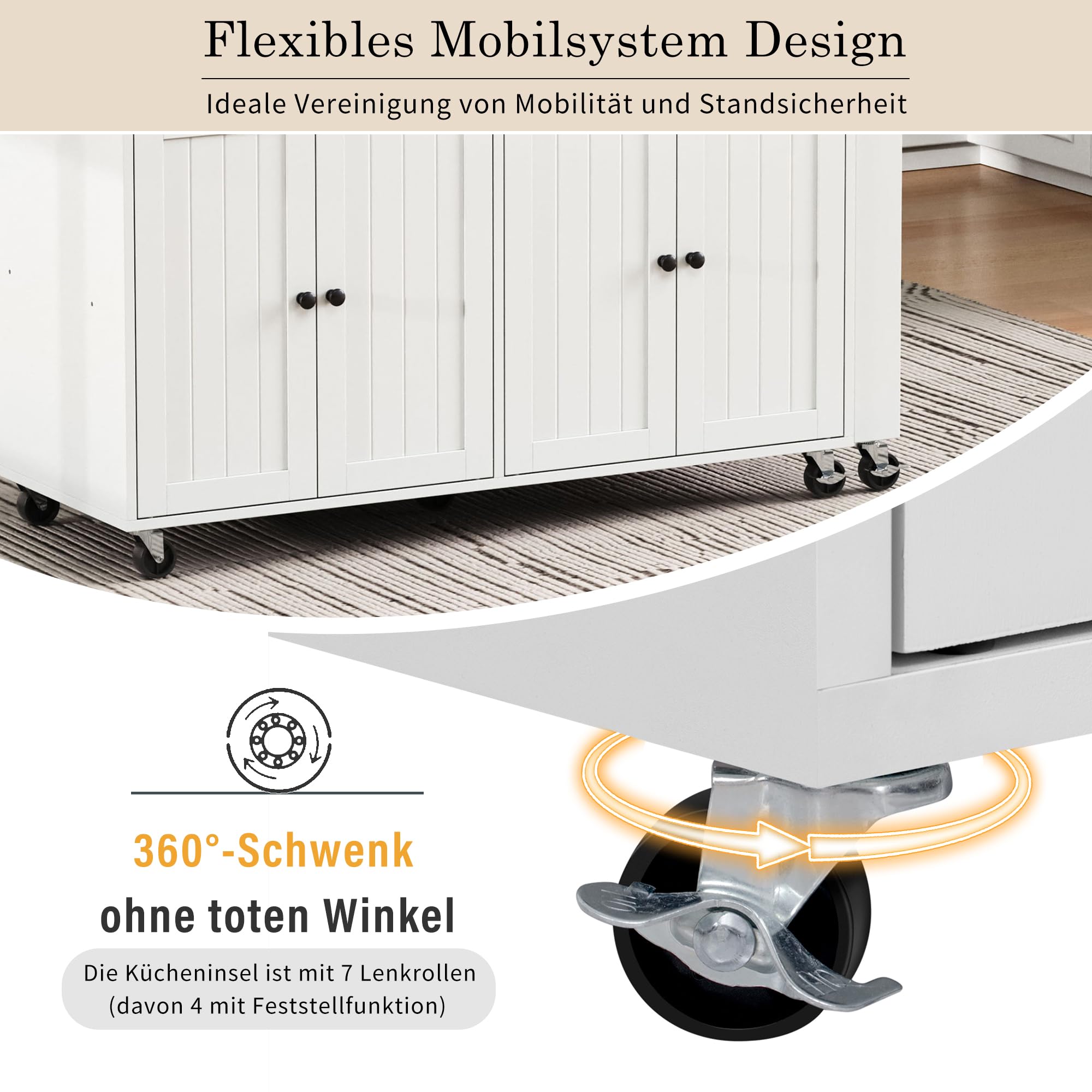 Îlot de cuisine sur roulettes avec 2 tiroirs, 4 portes, plan de travail extensible, table de bar extensible avec espace de rangement, table extensible, pour 2 à 6 personnes, chariot de cuisine