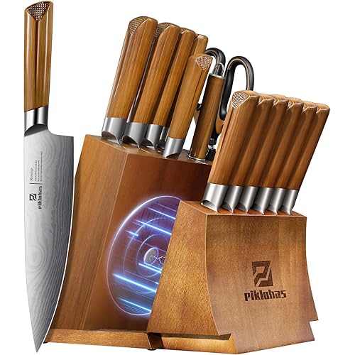 Kitchen Knife Sets With Block, Piklohas 15 Pieces Knife Sets With Magnetic Detachable Knife Holder, High Carbon Steel Damascus Pattern Chef Knife Set With Steak Knives, Ideal For House Warming Gift