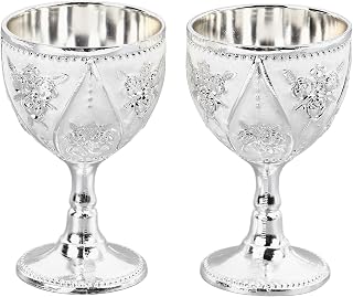 2 Pcs Vintage Goblet, Medieval Wine Goblet, Copper Metal Wine Chalice Flower Embossed Shot Glasses Mini Communion Cups, Wine Goblet Royal Wine Cup 3D Relief Rose Flower Pattern(silver)