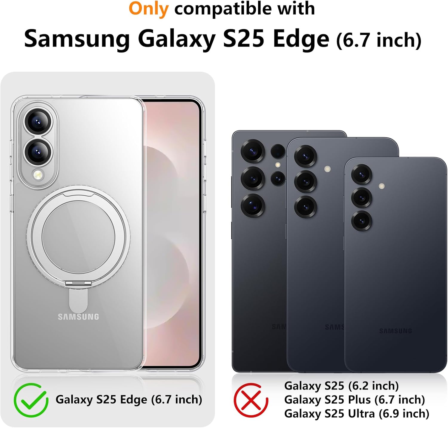 Temdan Designed for Samsung Galaxy S25 Edge Case, Magnetic 360° Rotatable Ring Stand [Compatible with Magsafe] Military-Grade Protection Kickstand Phone Case for Galaxy S25 Edge-Clear - Image 7