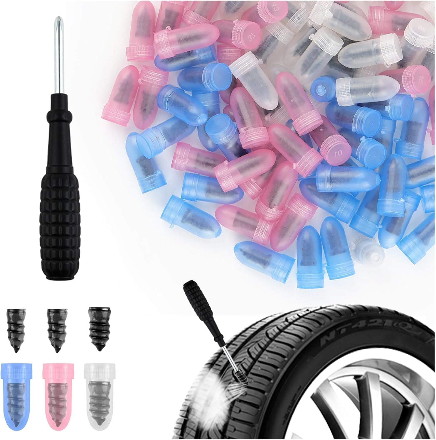 Vacuum Tire Repair Rubber Nails [𝟵𝟬 𝗣𝗰𝘀], 3 Sizes Precision Kit (S/M/L) with Individual Capsules, Professional No-Leak Screw-in Emergency Flat Repair Tool for Car, Motorcycle, Truck, ATV