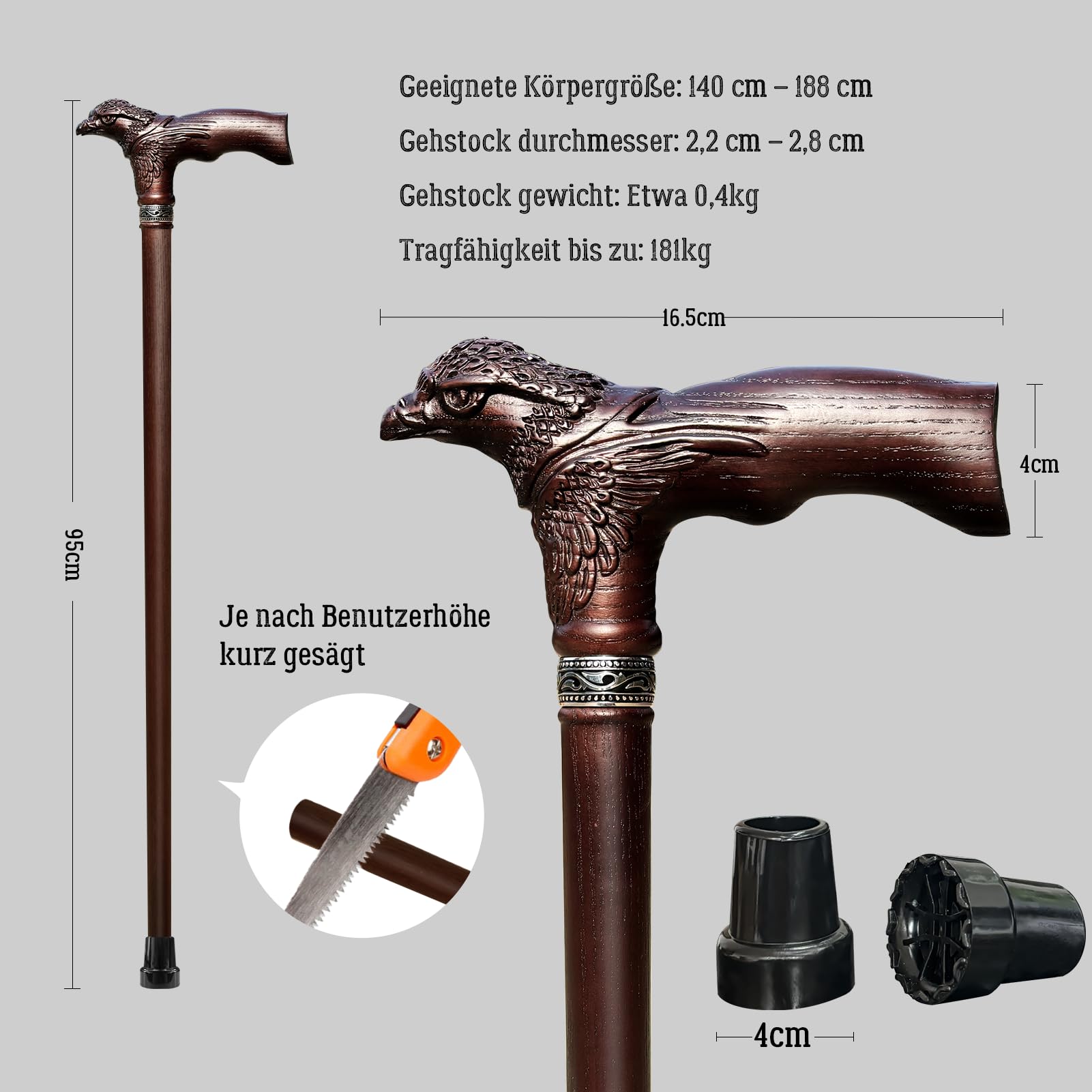 Handgeschnitzter Gehstock Holz Adlerschnitzerei Ergonomische Elegante Gehstock Herren Damen Holz Tragkraft bis zu 181 kg Stabile Gehstöcke für Senioren für den Täglichen Gebrauch