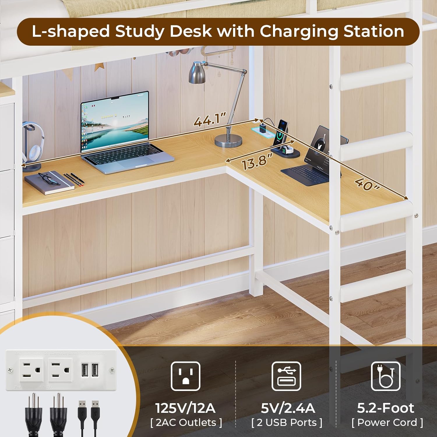 DICTAC Twin Size Loft Bed with L-Shaped Desk and 7 Storage Drawers,Metal Twin Loft Bed for Kids with LED Lights and Charging Station,13.11" H Safety Guardrail and Ladder,No Box Spring Needed, White