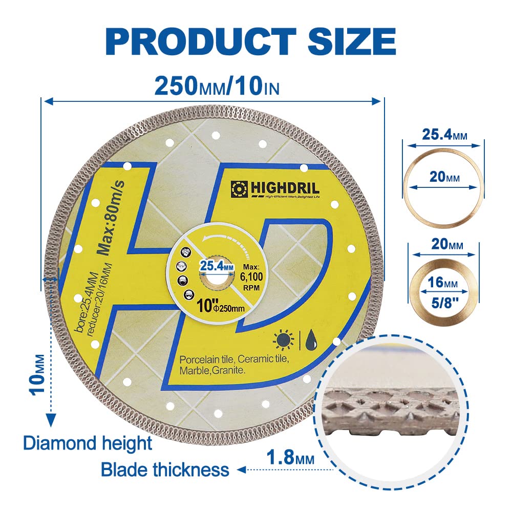 HIGHDRIL Hoja sierra diamante, 3 piezas hoja de azulejos de diamante de 10 pulgadas, corte de disco azulejos de porcelana cerámica granito mármol uso seco o húmedo hoja de sierra circular