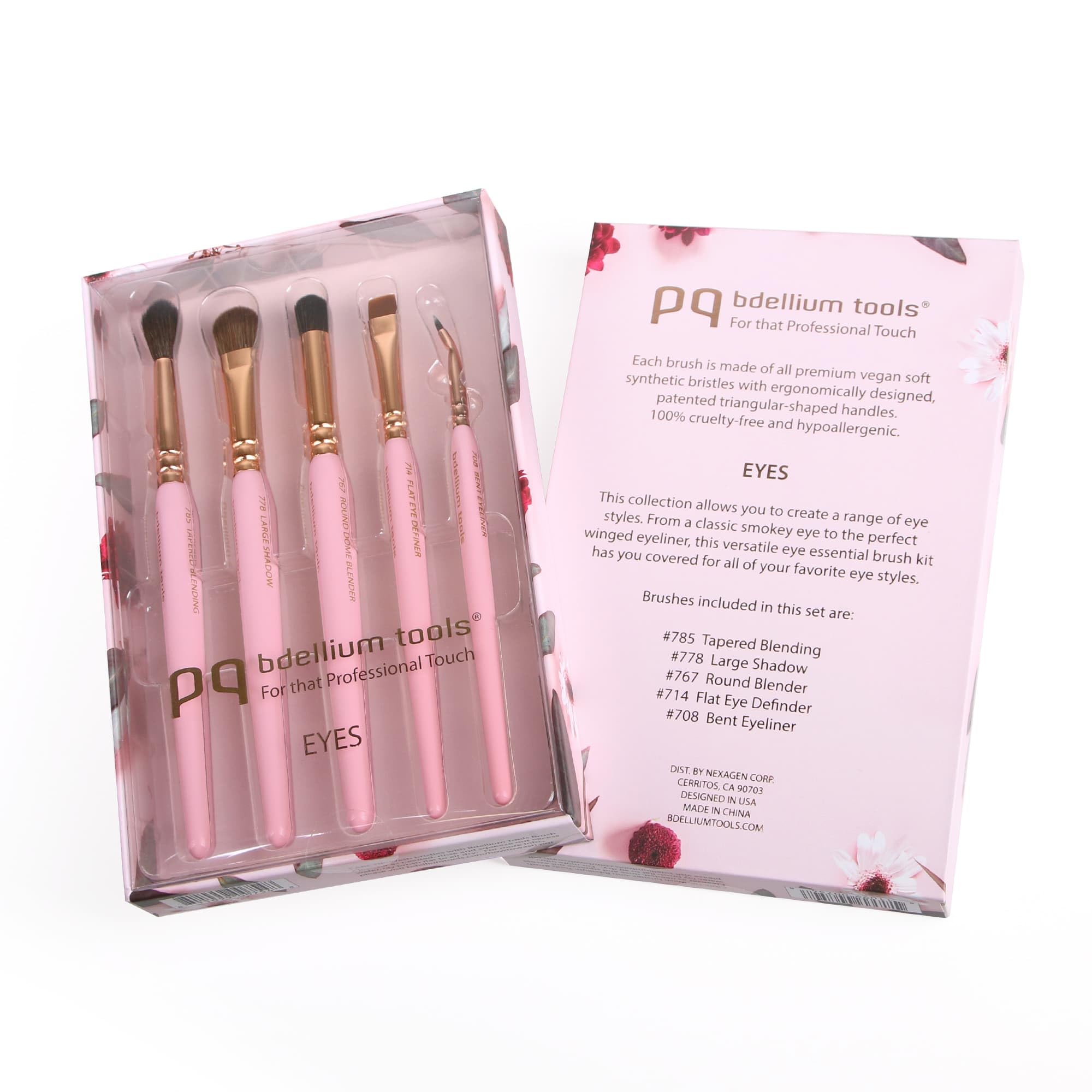 Bdellium Tools Lot de 5 pinceaux de maquillage triangulaires rose doré – Kit de pinceaux essentiels polyvalents pour les yeux avec poils synthétiques doux et virole en laiton or rose pour une gamme de
