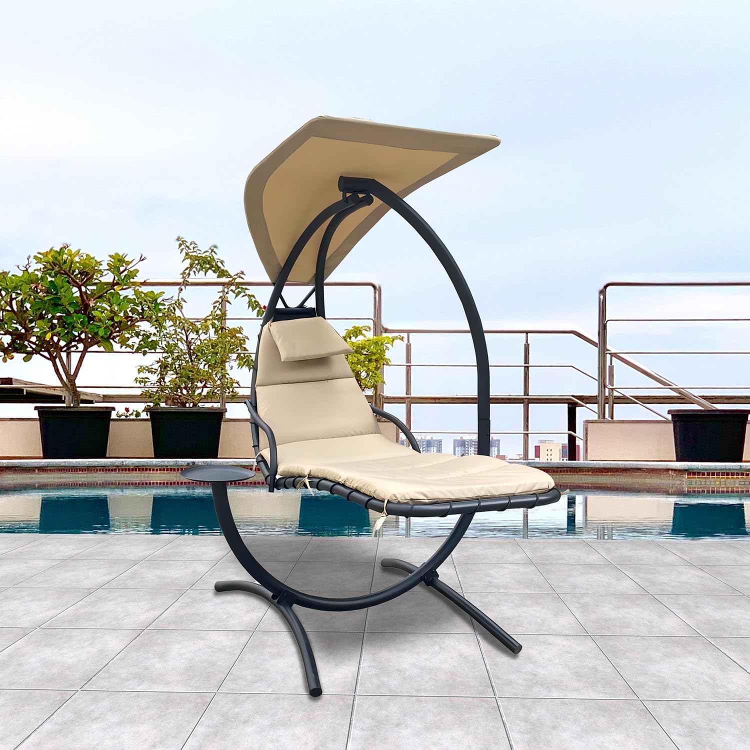 Steel Hanging Chair with Canopy, Outdoor Curved Arc Swing Lounger, Beige Cushion, 67x60x69 inches