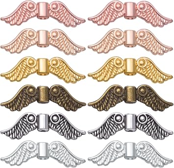 60pcs Angel Wing Beads - 6 Colors Tibetan Alloy Fairy Wing Spacer Loose Charm Accessories for DIY Craft Bracelet Necklace Jewelry Making Handmade Decoration