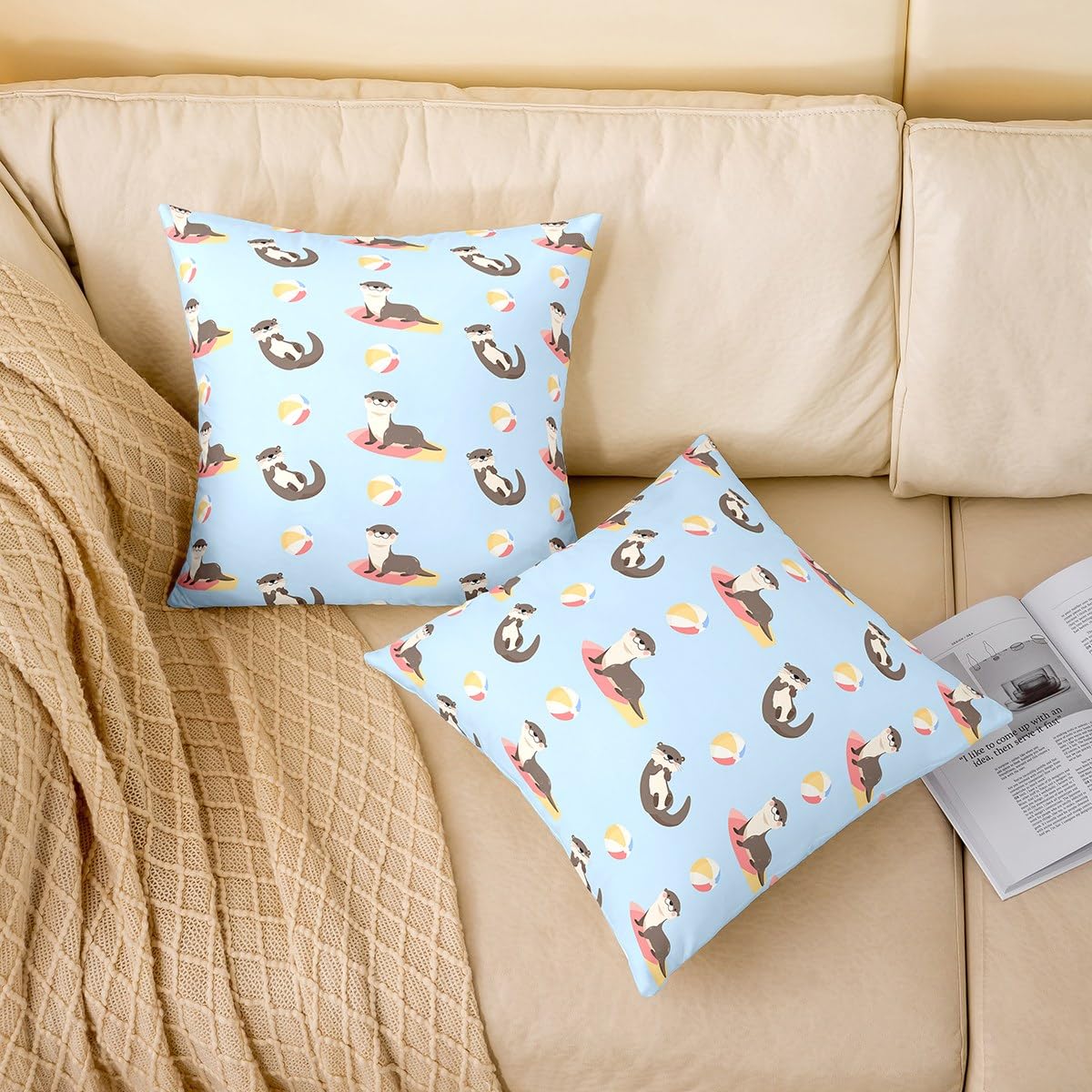 Cartoon Otter Kids Pillow Cover Colorful Ball Surfboard Summer Theme Cushion Cover for Boys Girls Teens Cute Kawaii Wild Animals Cushion Case for Bedroom Chairs 18x18 Inch