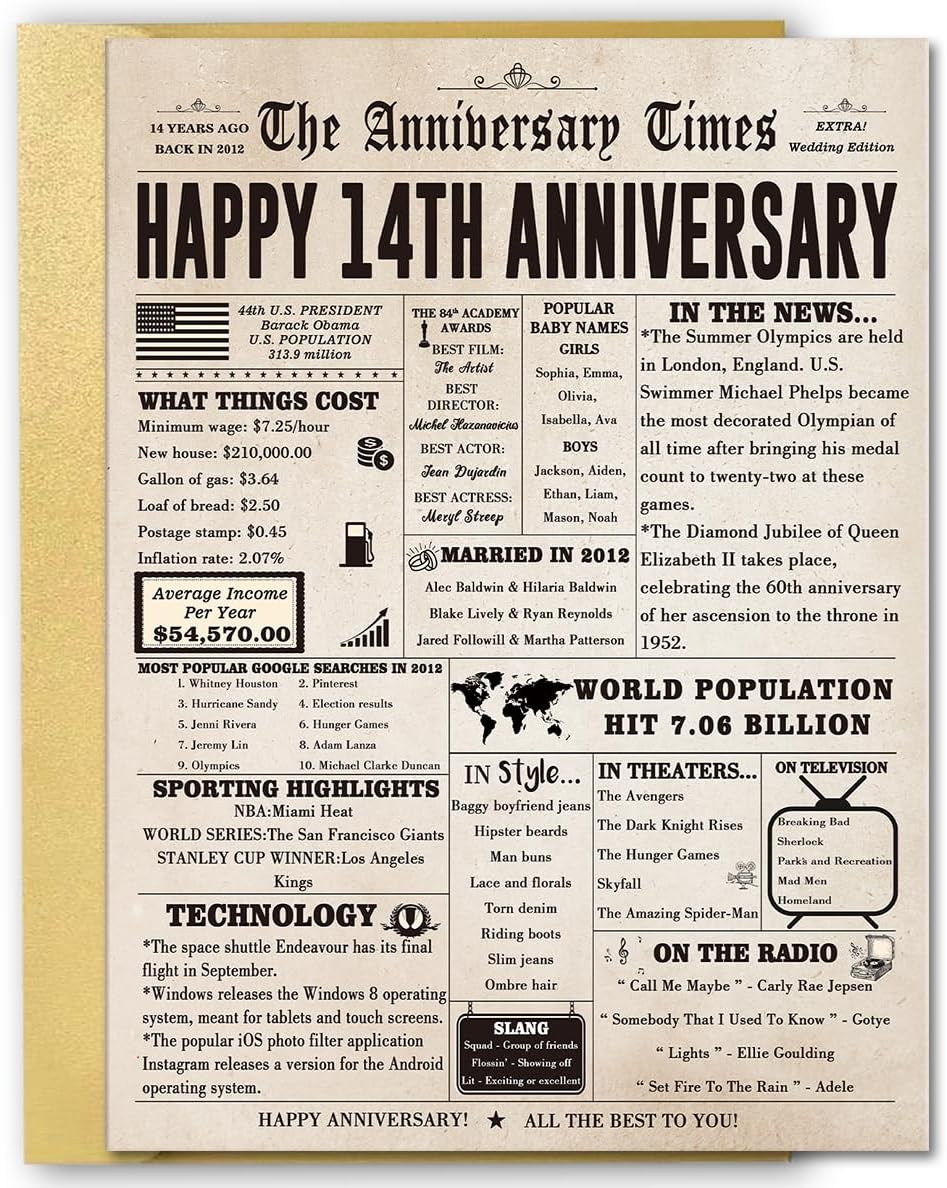 Vintage 14th Anniversary Card Gift for Him Her, Large 14 Year Wedding Anniversary Card Gift for Mom Dad Parents, Ivory Anniversary Card for Wife Husband Couple