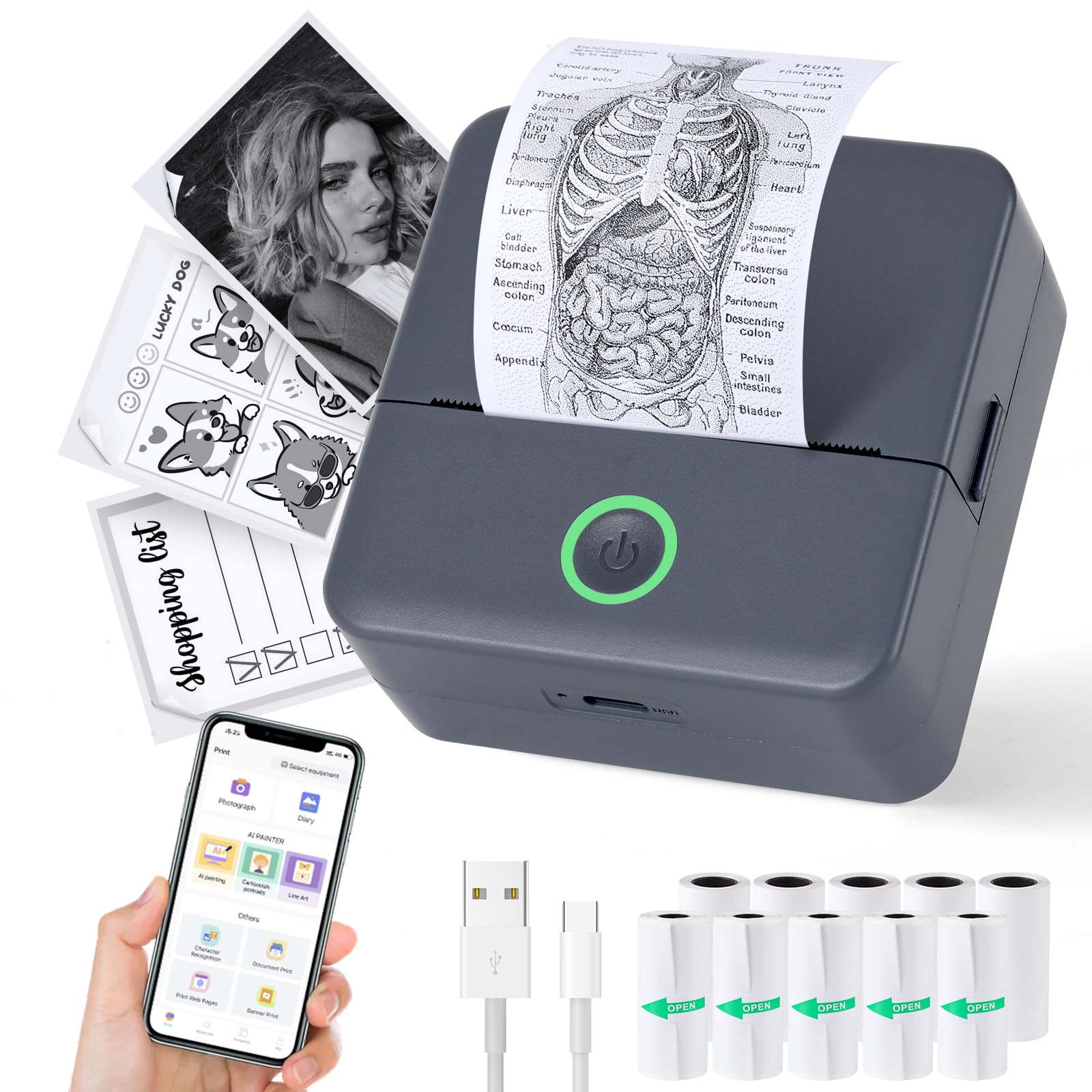 Stampante termica senza inchiostro, mini stampante con 10 rotoli di carta da stampa, Pocket Printpod per telefono, Impresora Portátil per appunti, flashcard, fai da te, compatibile con iOS e Android