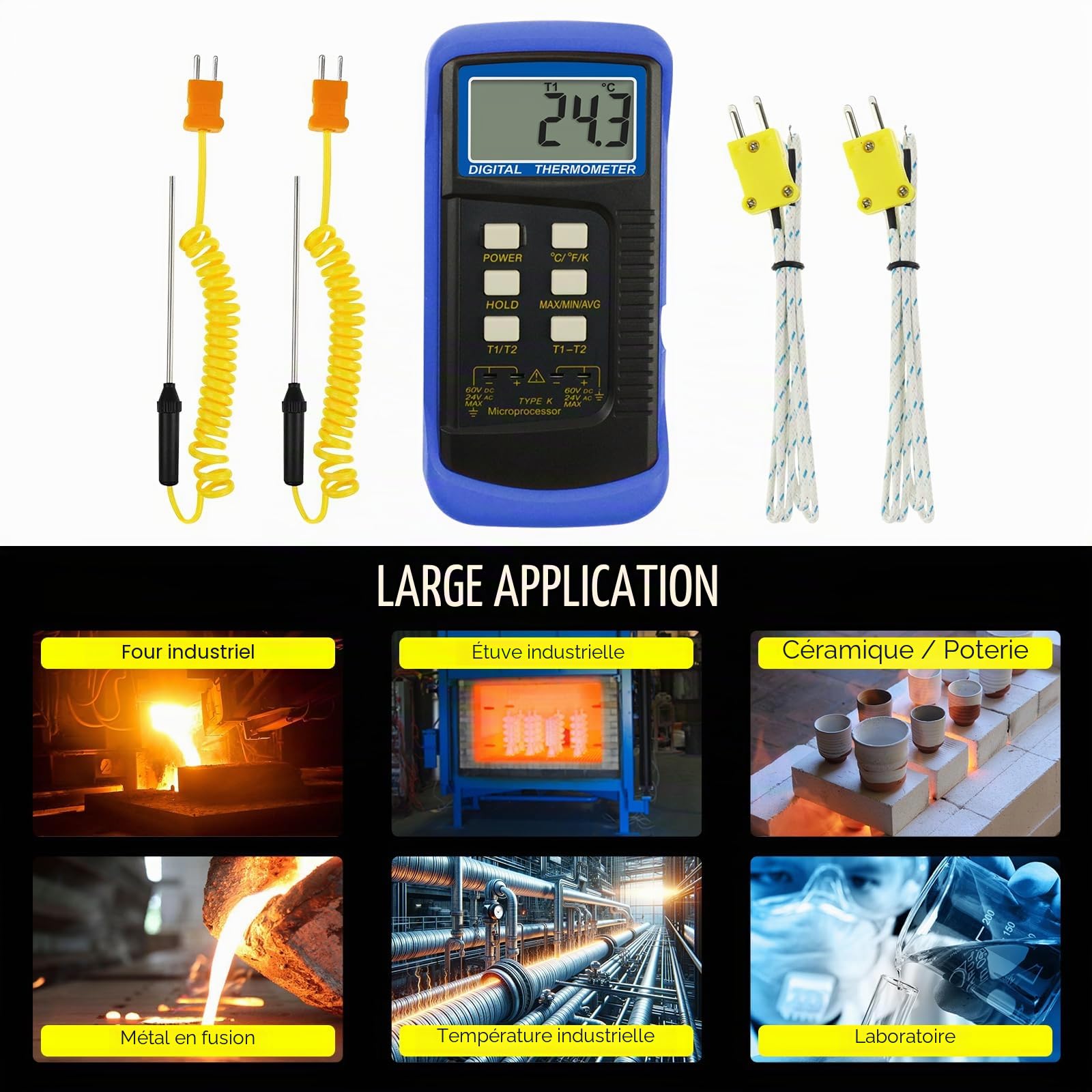 Thermomètre thermocouple numérique K de haute précision (-50 ~ 1300 °C) 2 canaux 4 sondes fil/acier inoxydable Testeur de température Kelvin portable
