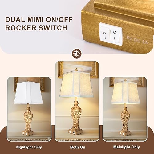 Miniatura 3 de Vintage Table Lamps Set of 2, 28.5'' Tall Antique Gold Bedside Lamps with Fabric Shades, USB A+C Charging Ports & Night Light, Farmhouse Nightstand