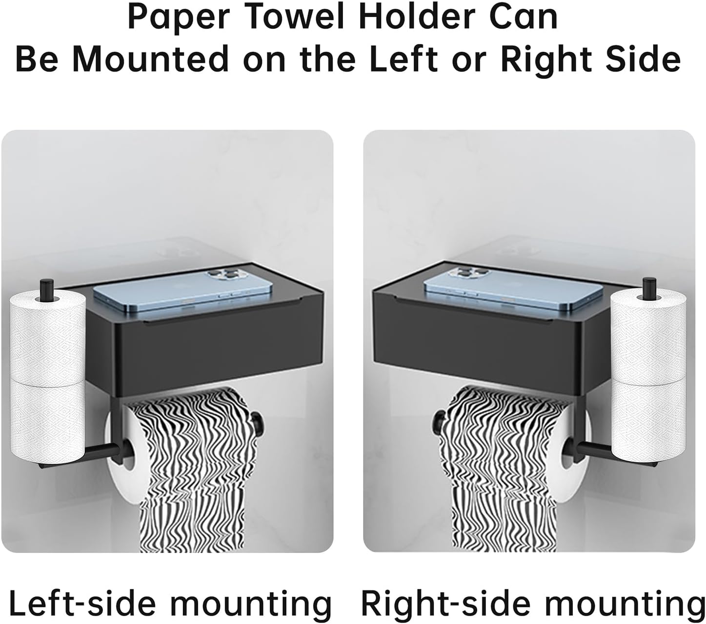 Toilet Paper Roll Holder, Wall-Mounted Bathroom Tissue Organizer with Storage Shelf, Adhesive Toilet Paper Holder Modern Matte Black,12.37L x 5.11W inches