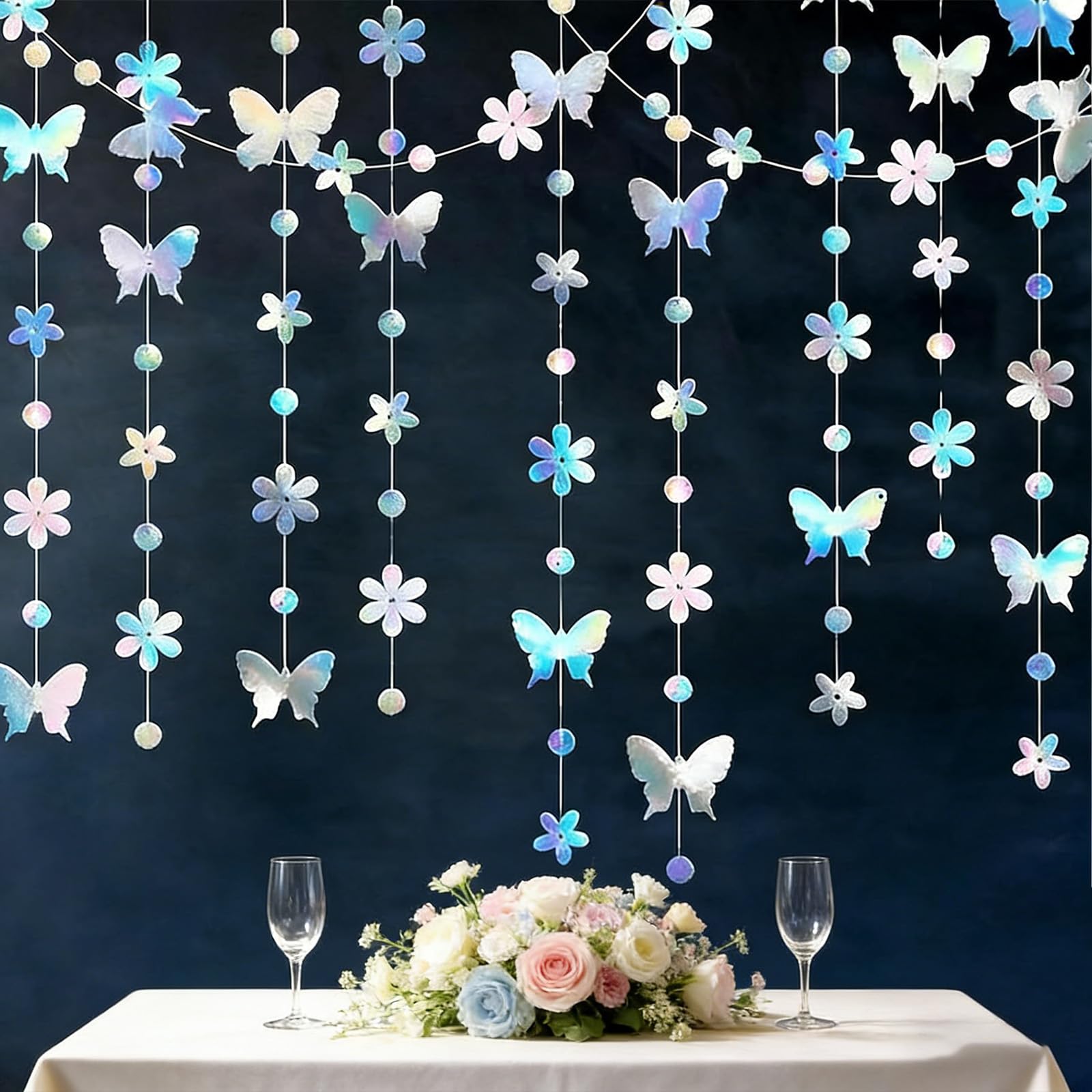 39Ft Iridescent Rainbow Streamer Garland – 3 Pcs Holographic butterfly Birthday Decorations – Paper Hanging Garland for Birthday, Wedding, Outdoor Party, Under the Sea Theme & Holiday Celebrations