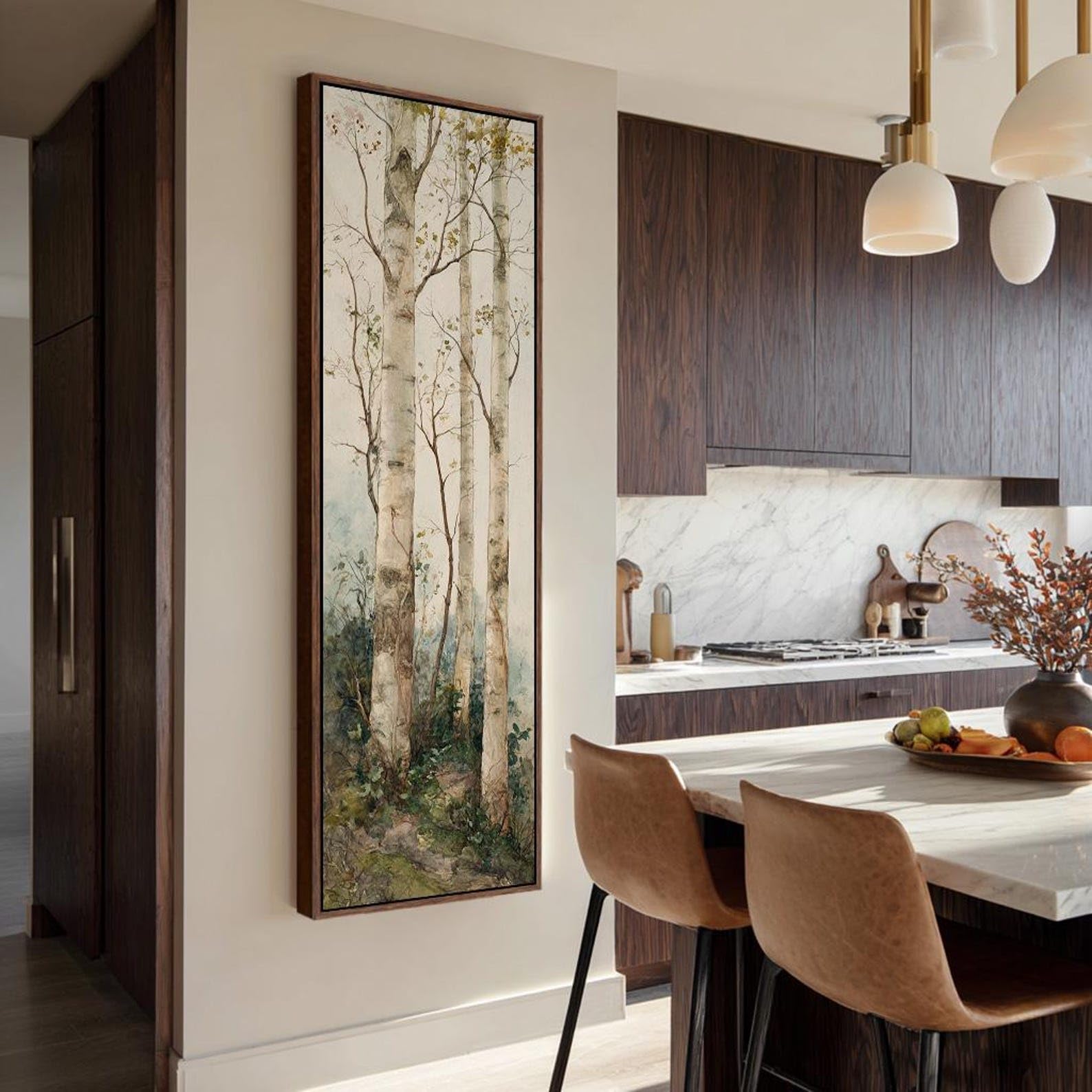 XBTYKPB Quadro su tela alto e stretto, decorazione verticale con betulla, opera d'arte incorniciata, paesaggio moderno con scena naturale, decorazione per interni (50x150 cm/cornice interna)