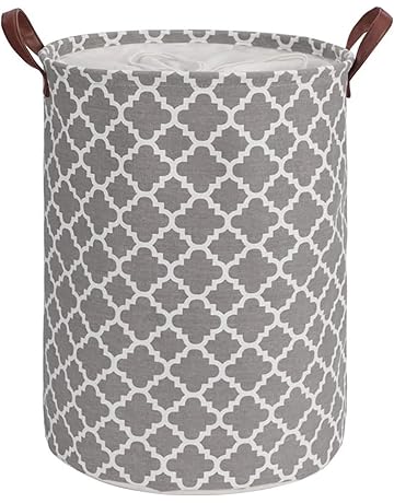 House of Quirk Thickened X-Large 72L Sized Laundry Basket with Durable Leather Handle, Drawstring Round Linen Collapsible Storage Basket, Dirty Clothes Hamper for Bedroom(Grey Diamond)