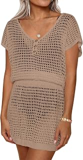 Women's Swim Coverups Crochet Hollow Out Short Sleeve V Neck Beach Swimsuit Bathing Suit Cover Up Dresses S-XXL