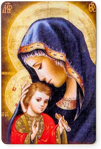 Vista 8 de Madonna & Child Enthroned, imán de icono católico de madera con soporte, imán religioso ortodoxo para nevera con soporte de caballete de plástico