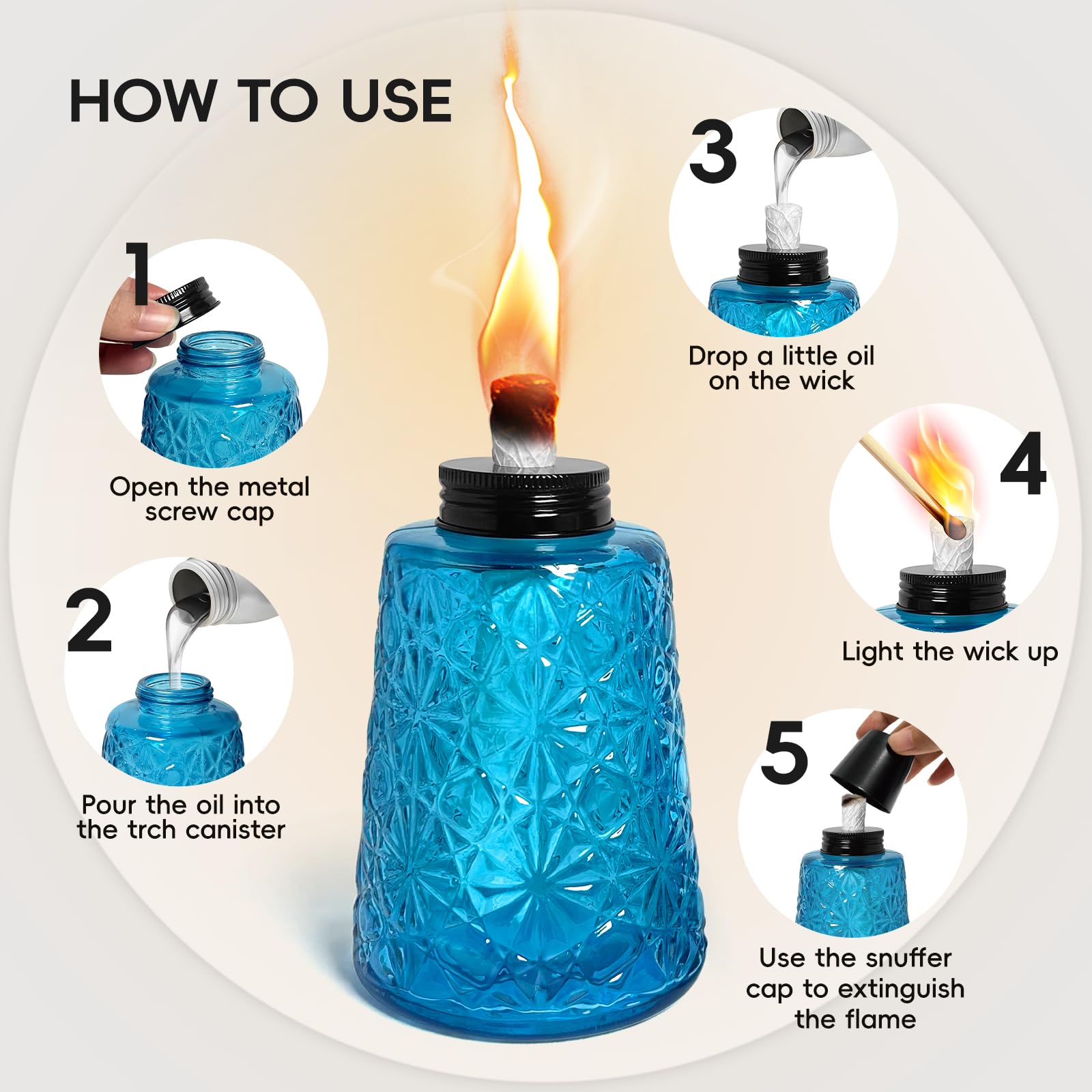 Confezione da 3 lampade a olio in vetro trasparente blu alla citronella, lampade a olio con 3 stoppini, per interni ed esterni, decorazioni per patio
