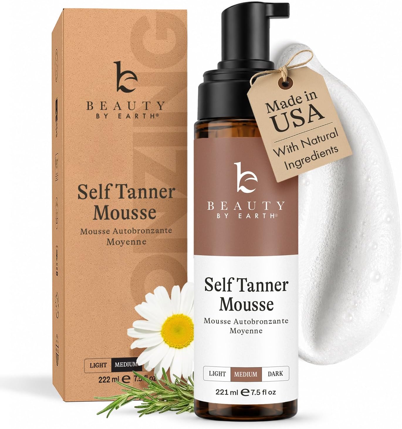 Beauty by Earth Self Tanner Mousse - Medium to Dark Fake Tan Sunless Tanner, Self Tanners Best Sellers, Natural Looking Self Tan, Self Tanning Mousse, Tanning Foam for Use as Body or Face Tanner