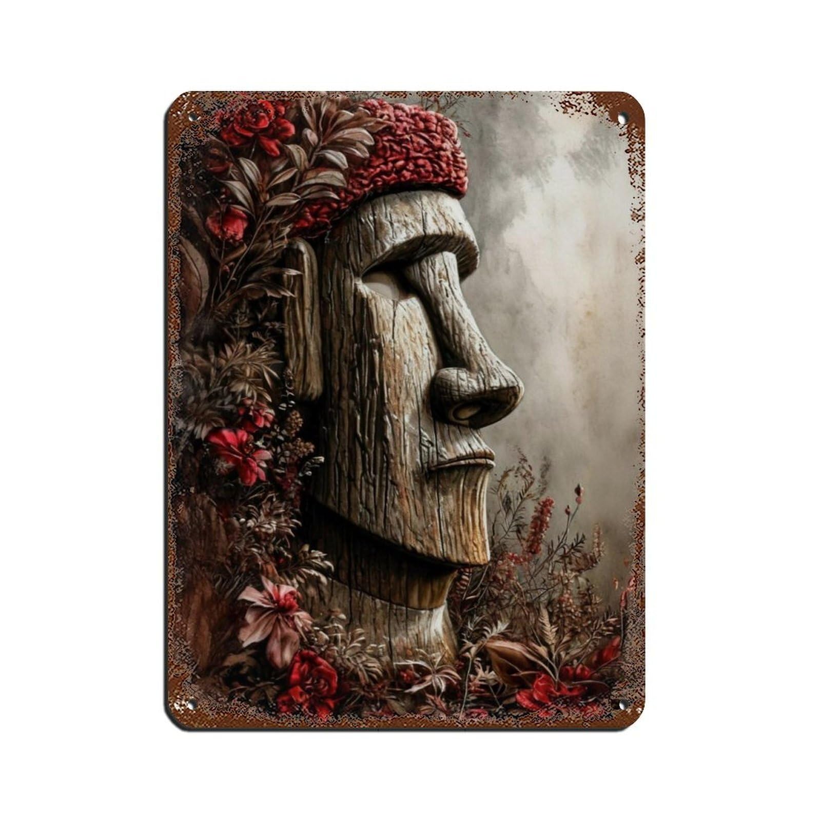 Moai Statue,Floral Easter Island Art Retro Poster Metal Tin Sign Chic Art Retro Iron Painting Bar People Cave Cafe Family Garage Poster Wall Decoration 12x16inch(30x40cm)