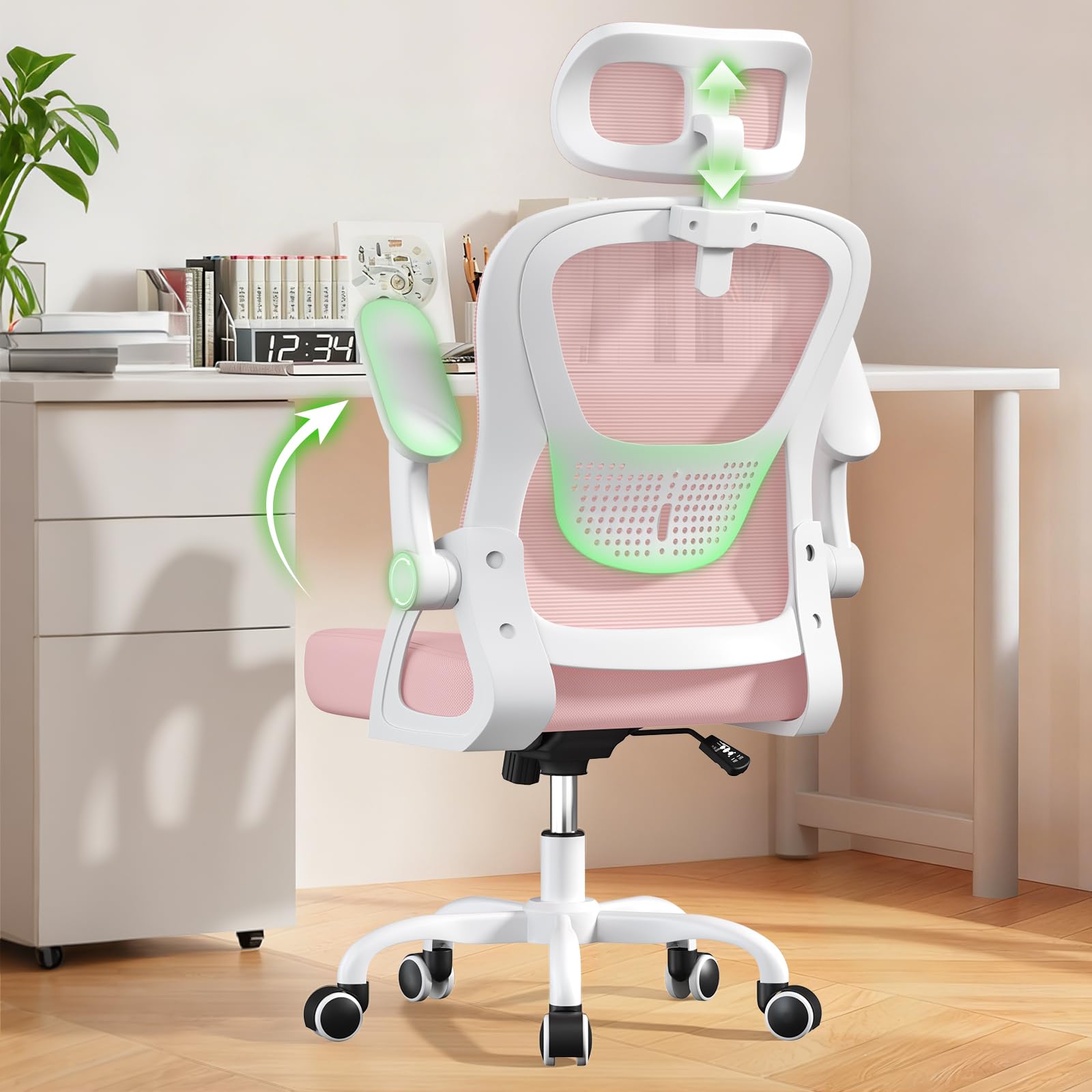 naspaluro Ergonomic Office Chairs, High Study Desk Computer Chair with Back Support, Adjustable Headrest and Flip-up Armrests Pink Work Chair, Swivel Comfy PC Mesh Office Chairs for Home Office