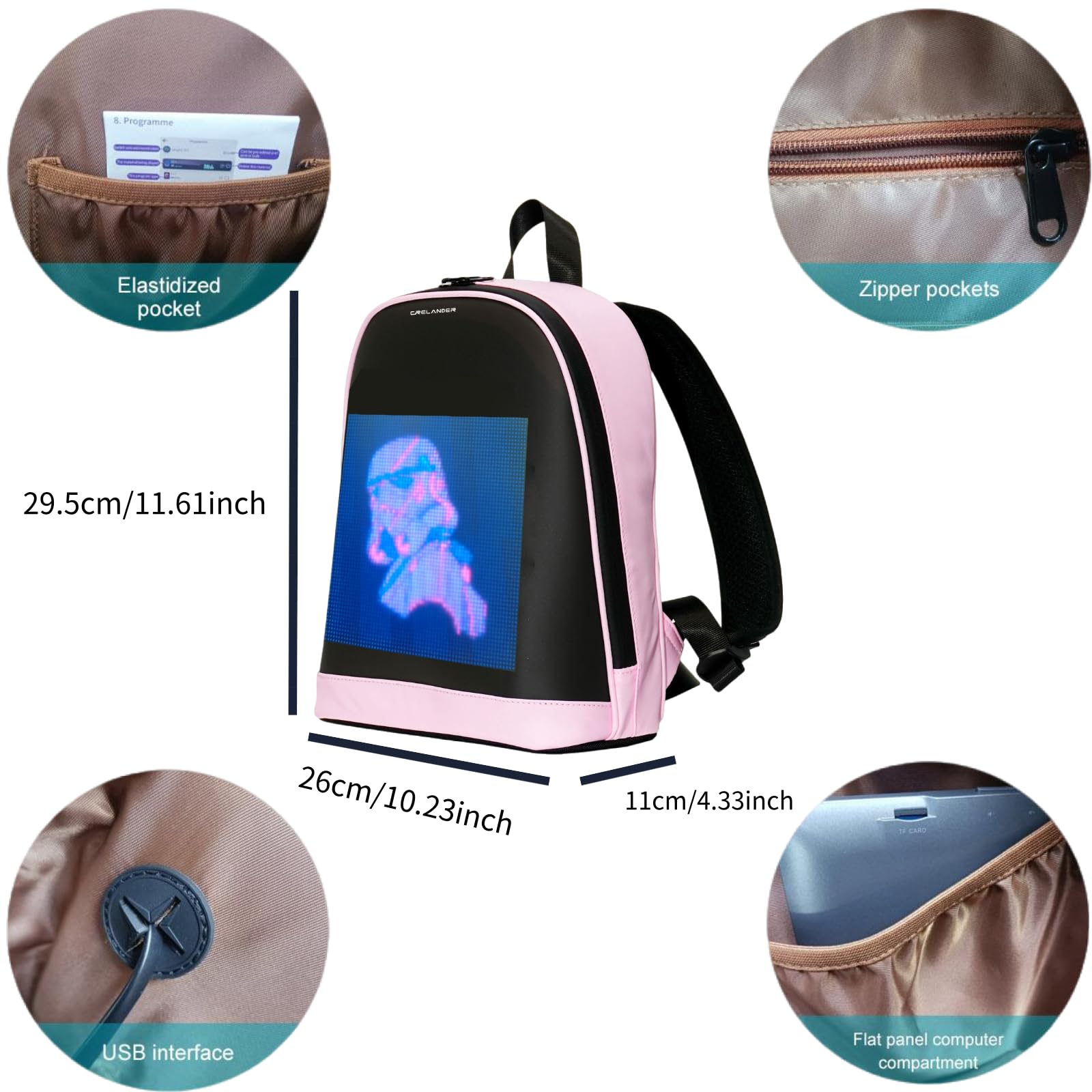 Crelander LED Rucksack, 12 Zoll Laptop Rucksack mit programmierbarem Bildschirm