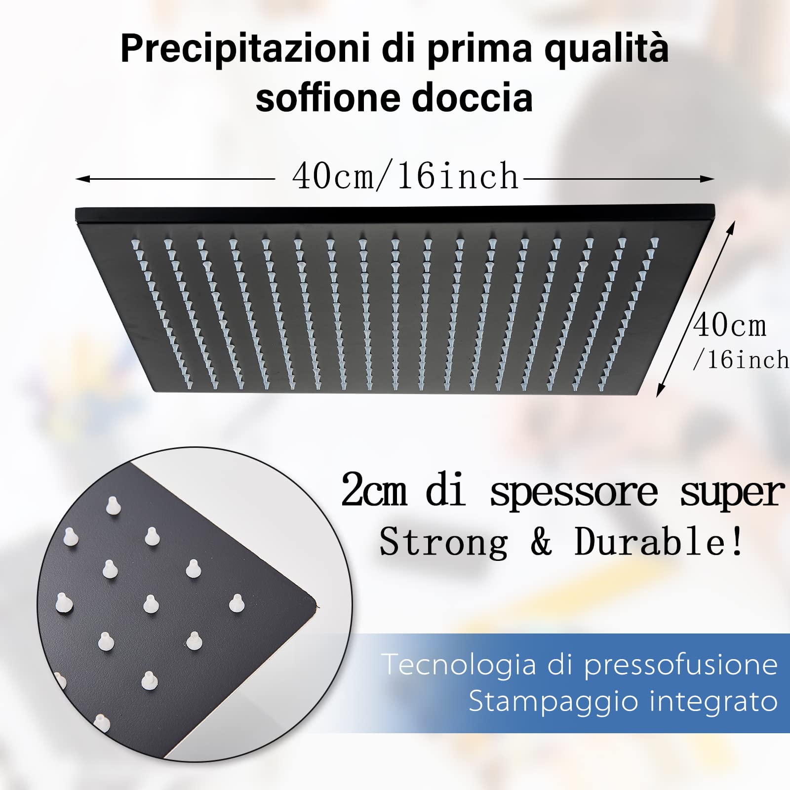 Pommeau De Douche Carré LED 30x30 Cm - Acier Inoxydable, Buses Silicone, Changement De Couleur Selon Température