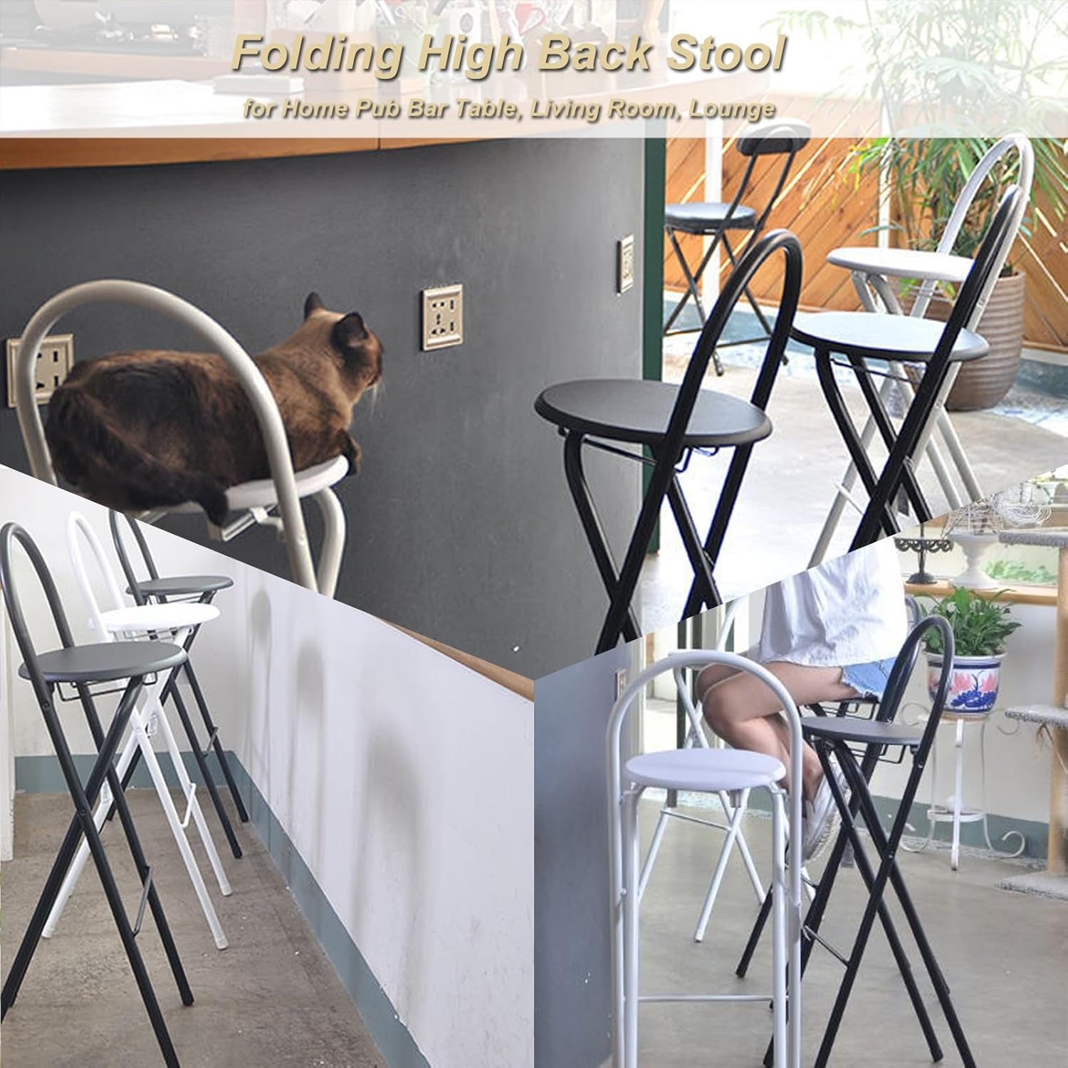 Portable Folding Stool with Backrest Footrest, Height Foldable Stool, White Tall Chair, Round Kitchen High Breakfast Camping Outdoor (Color : 2pcs, Size 60cm/2 (1pc 60cm/24in)