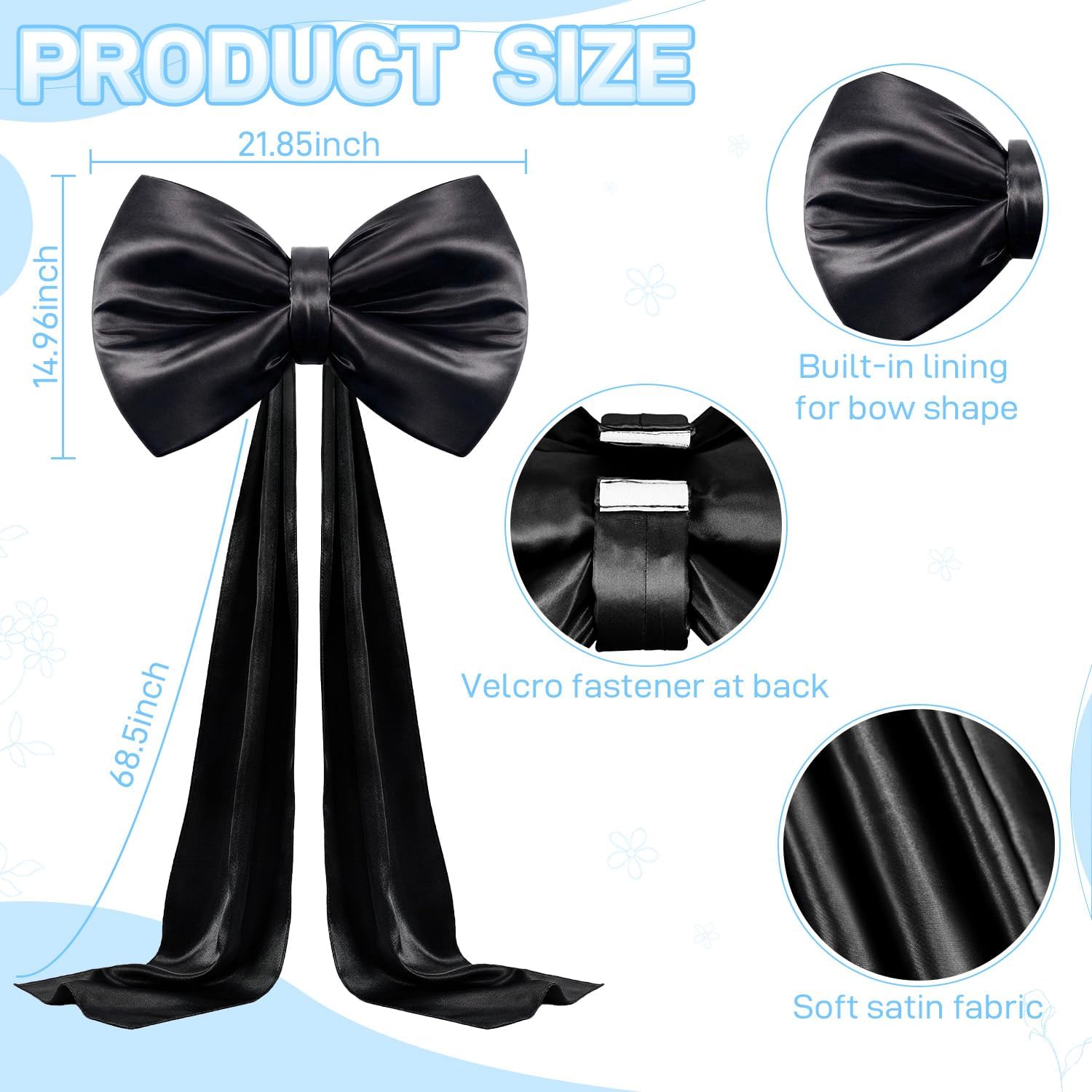 FOTSHARER 70 x 22 Inch Big Black Bow for Party Decorations, 3D Firm Stays Upright Satin Bows for Coquette Backdrop Wall Decor, Bow Room Decor Long Ribbon Tie for Hanging, Gift & Coquette Wall Decors