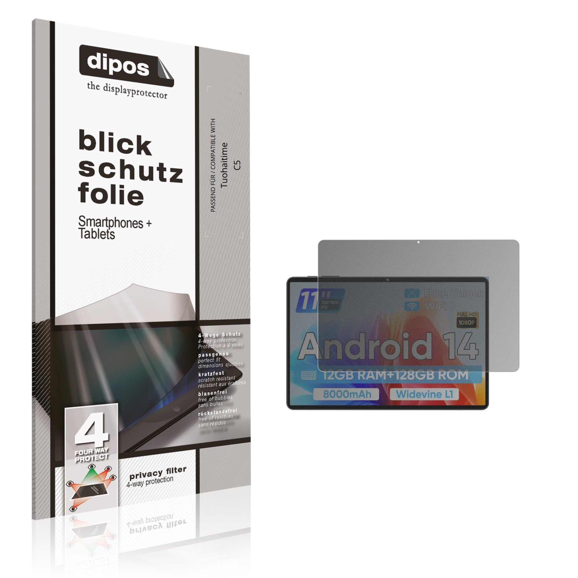 dipos Protection écran anti-espion pour Tuohaitime C5 | Film mat, filtre de confidentialité 4 directions, sur mesure, anti-rayures, sans bulles, adhésion sans colle