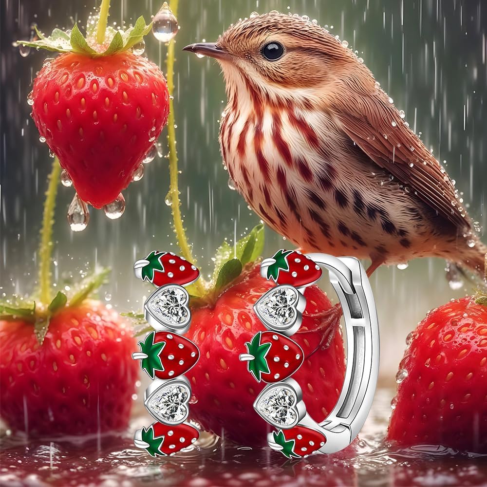 Strawberry Earrings Red Strawberry Earrings for Women Sterling Silver Huggie Hoop Picnic Fruit Strawberries Gift
